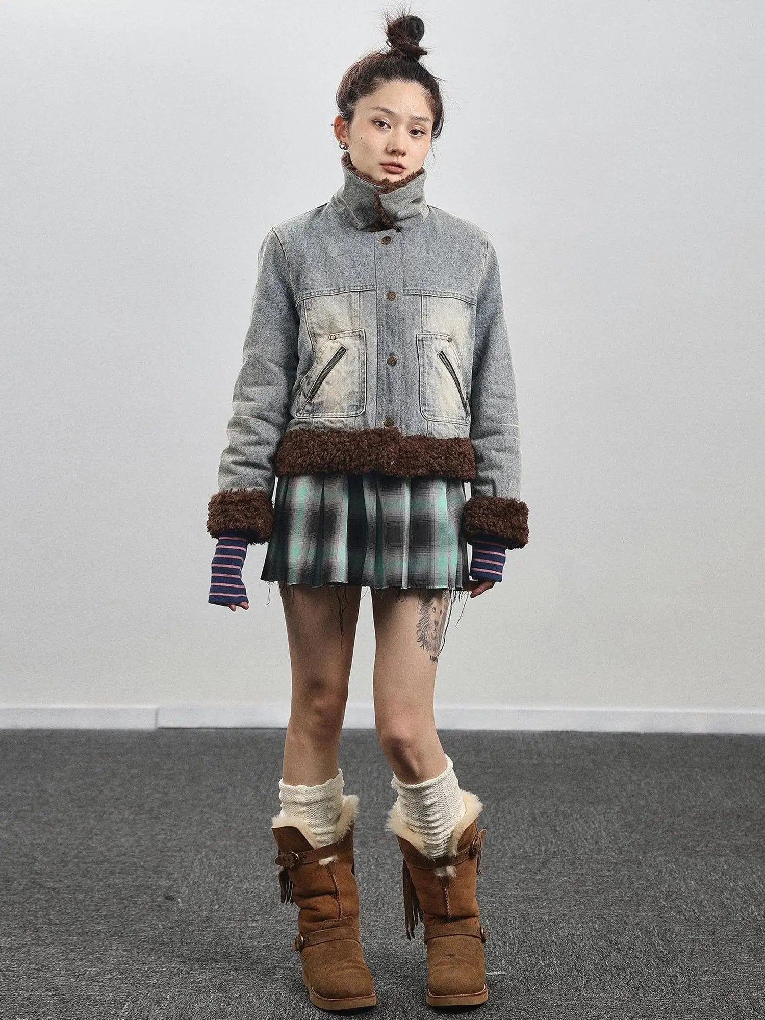 Retro Denim Trimmed Wool Blend Coat