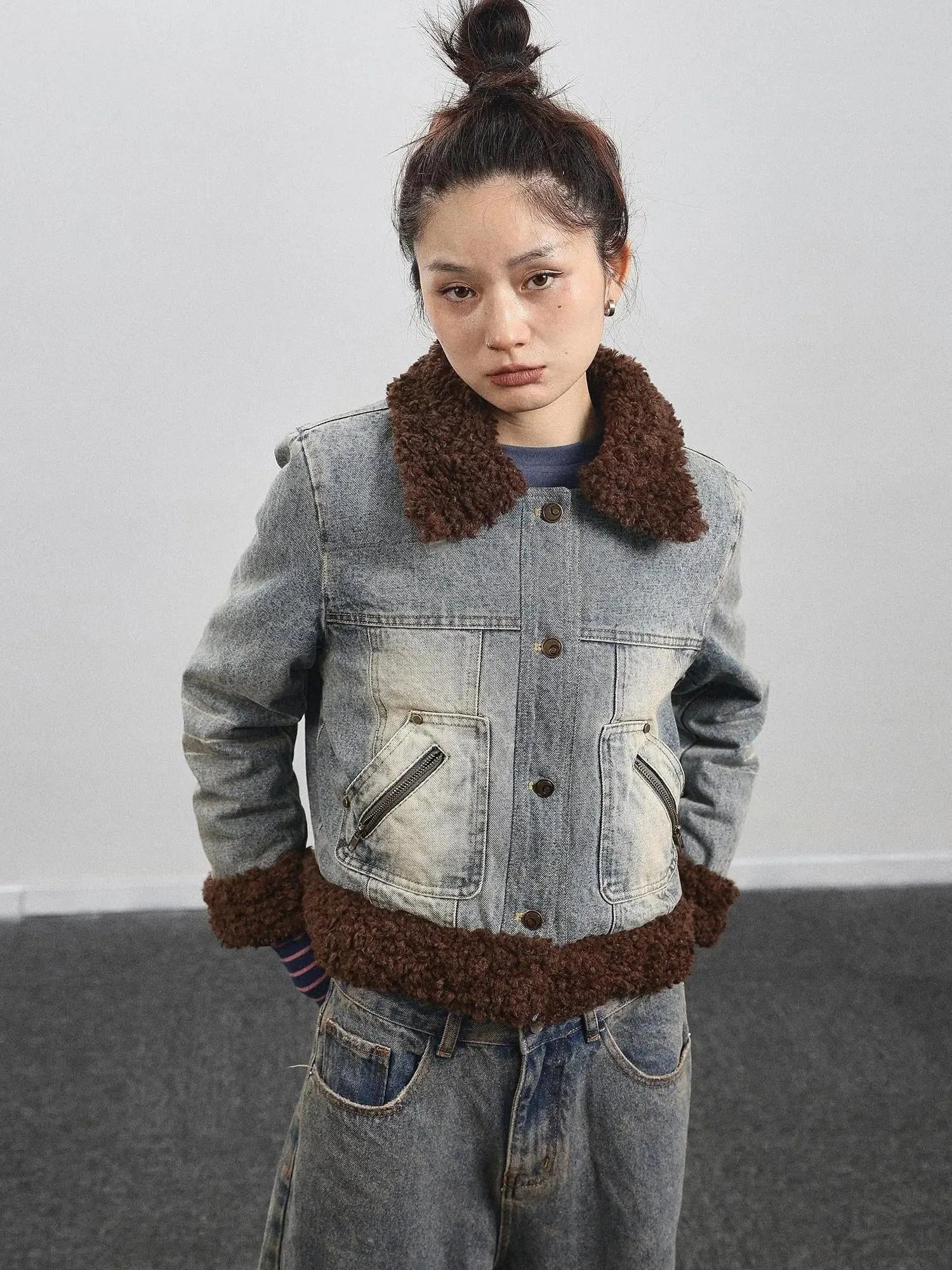 Retro Denim Trimmed Wool Blend Coat