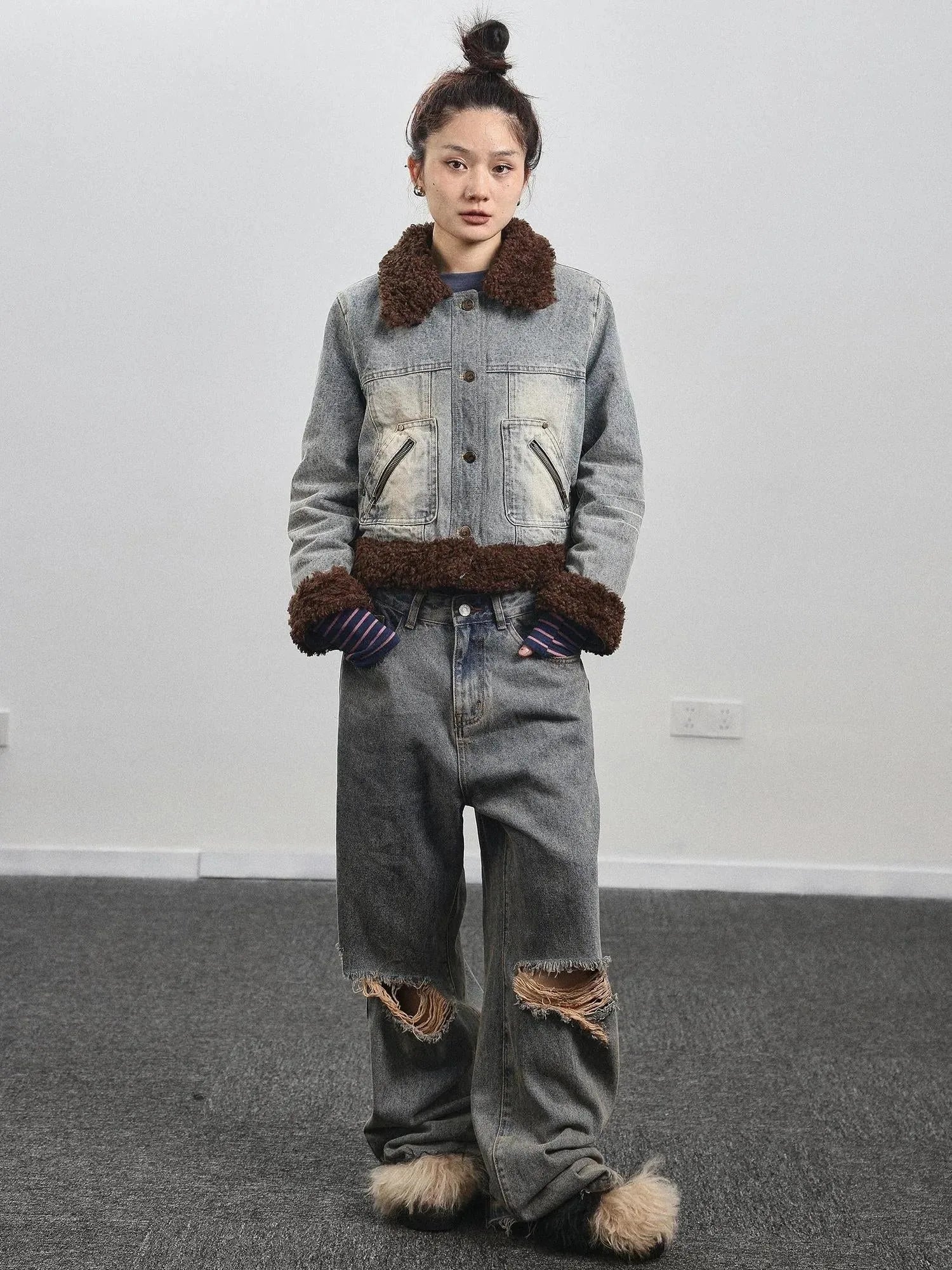 Retro Denim Trimmed Wool Blend Coat