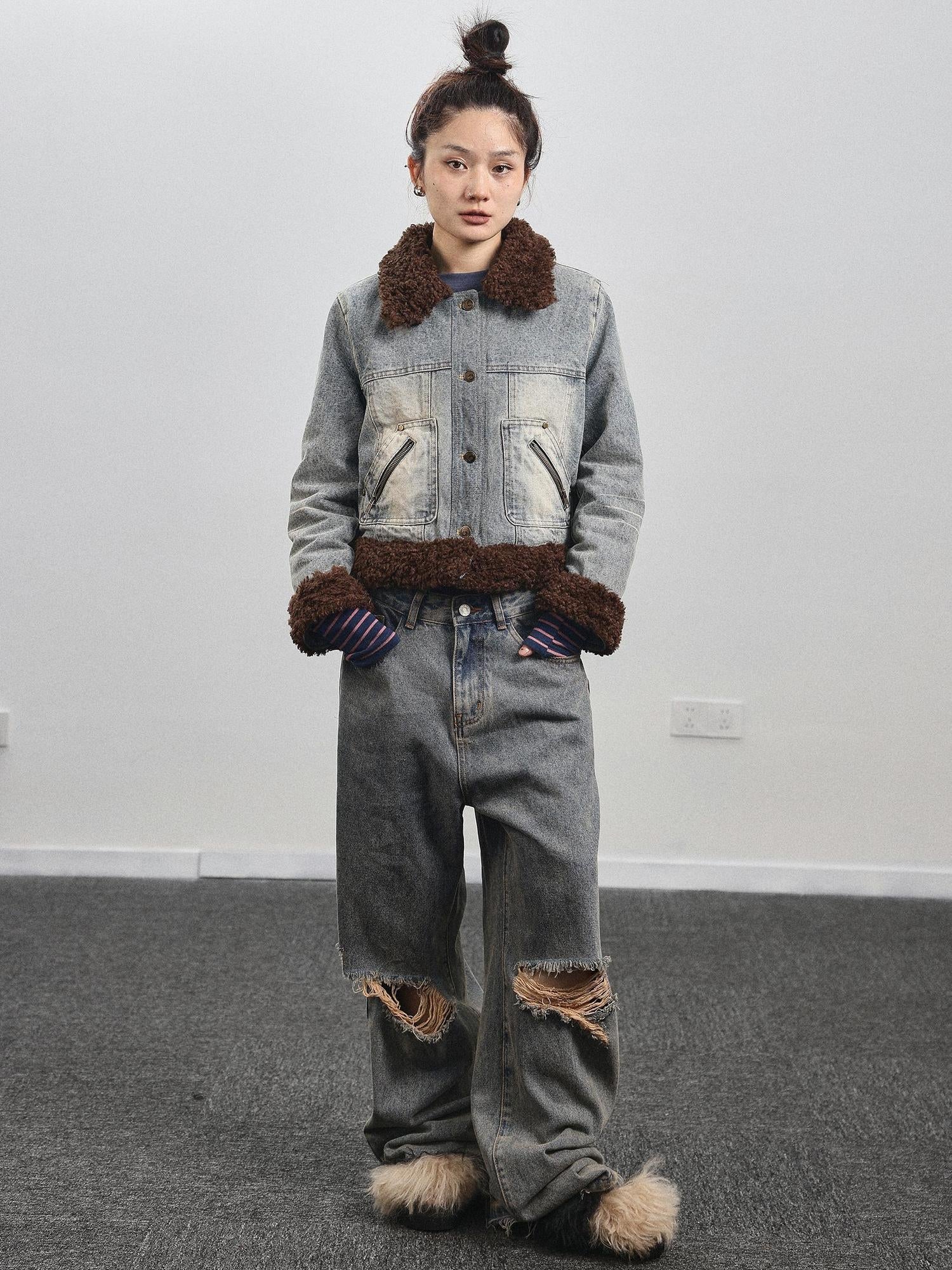 Achihara Retro Denim Trimmed Wool Blend Coat