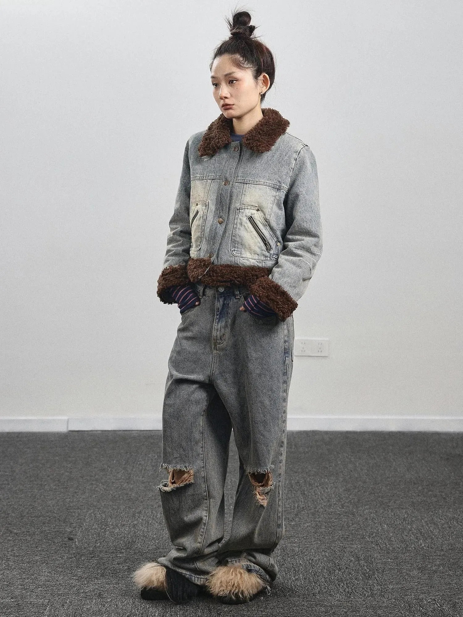 Retro Denim Trimmed Wool Blend Coat