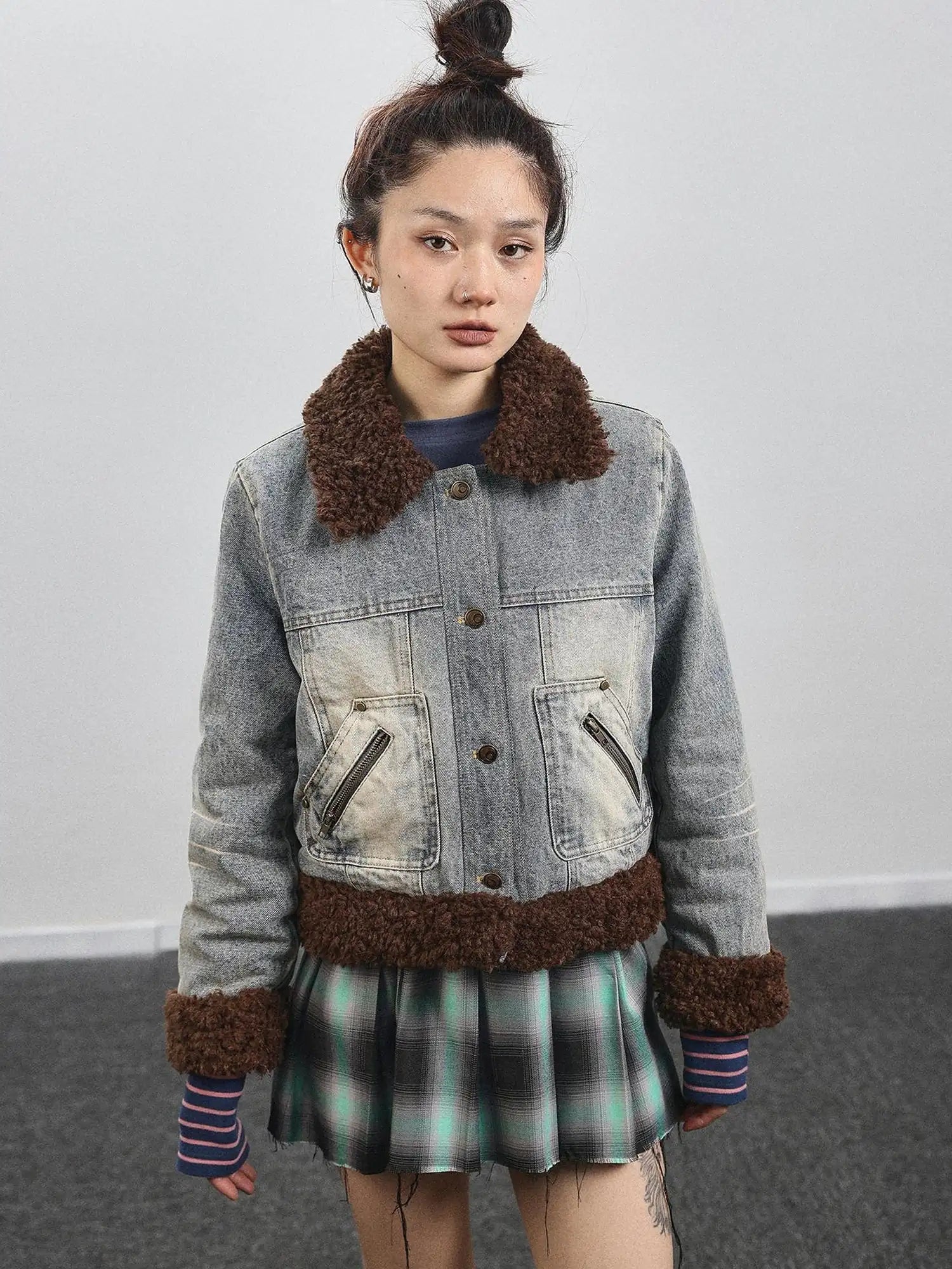 Retro Denim Trimmed Wool Blend Coat