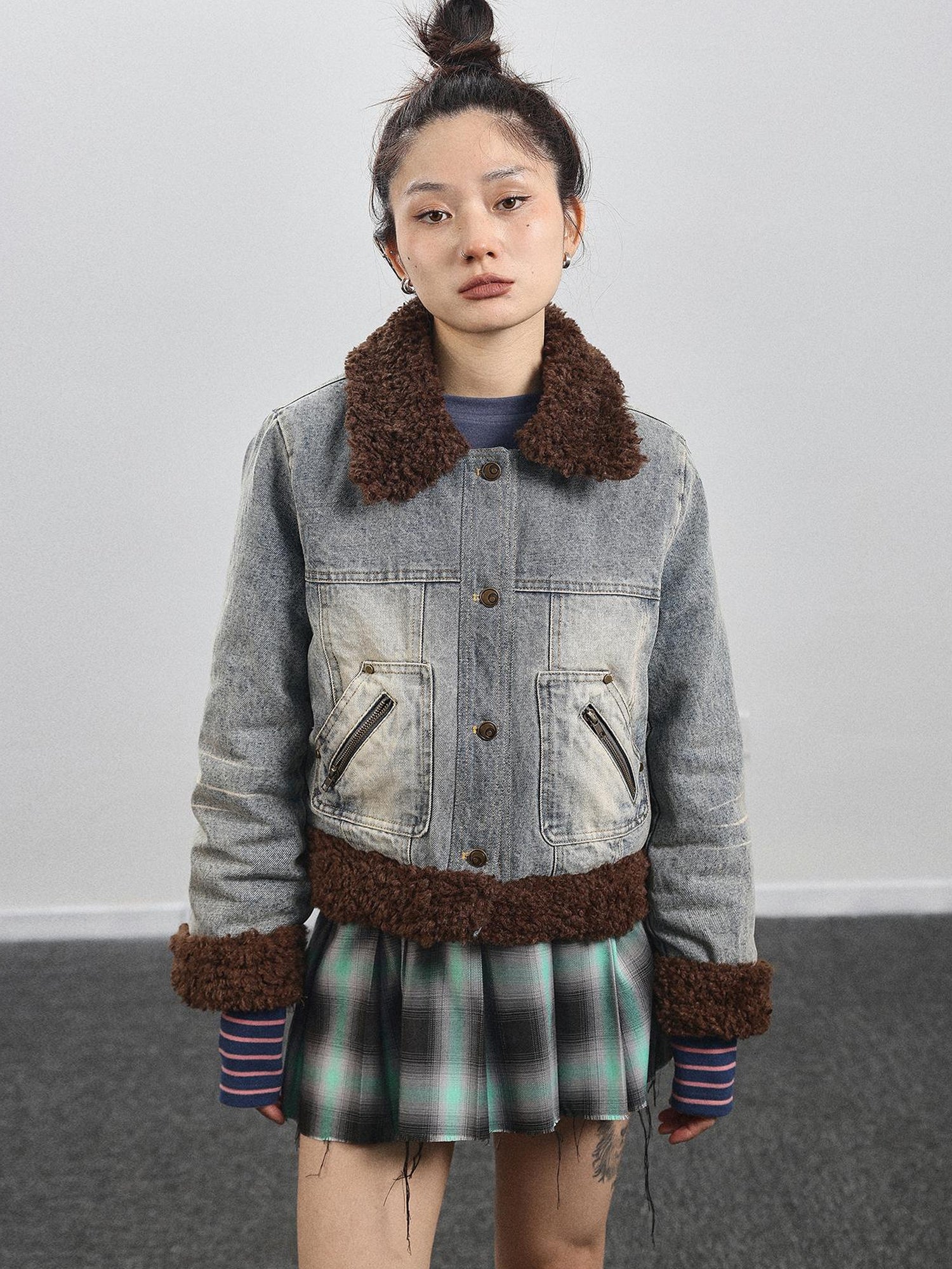 Achihara Retro Denim Trimmed Wool Blend Coat