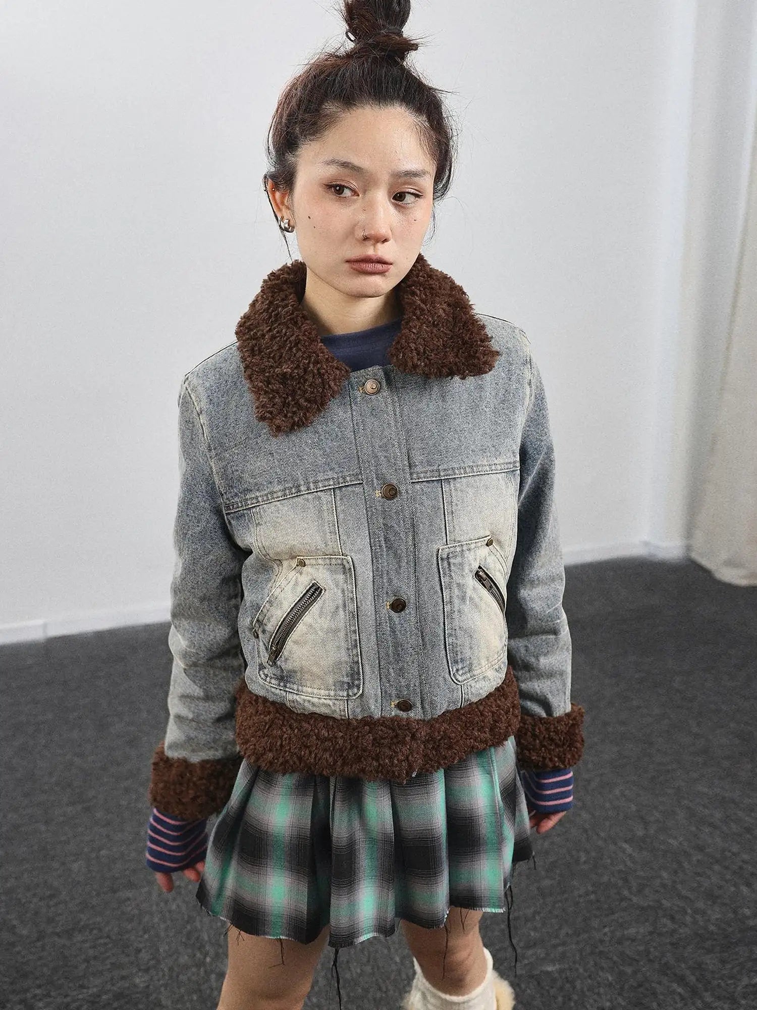 Retro Denim Trimmed Wool Blend Coat