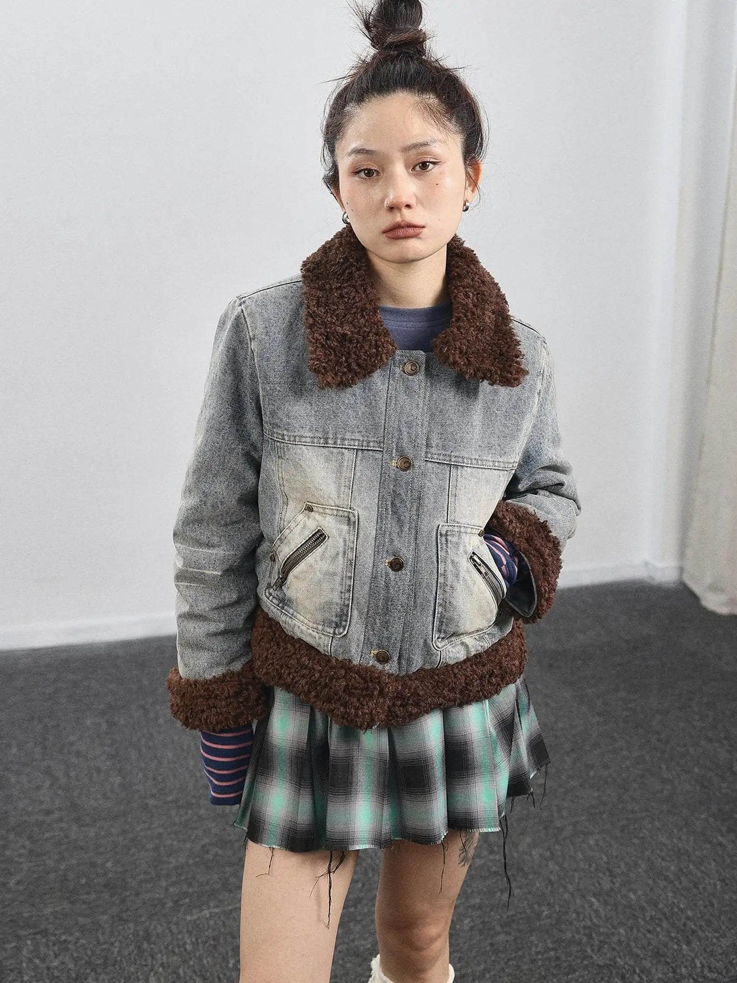 Retro Denim Trimmed Wool Blend Coat