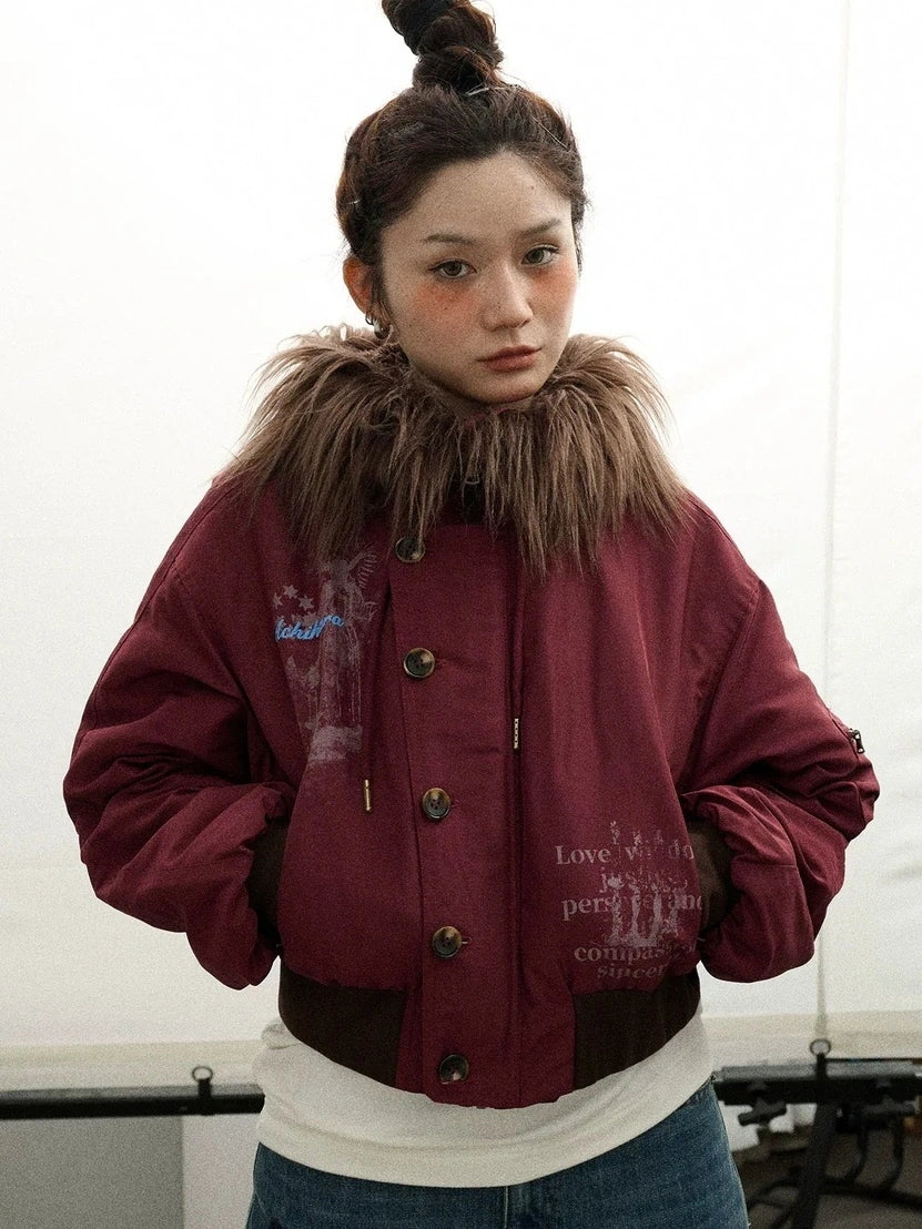 Achihara Revelation Inspired Short Puffer Coat With Fur Hood Padded Jacket