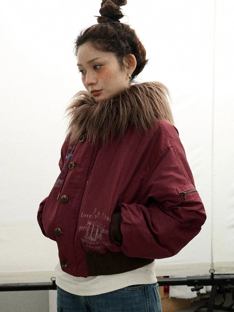 Achihara Revelation Inspired Short Puffer Coat With Fur Hood Padded Jacket
