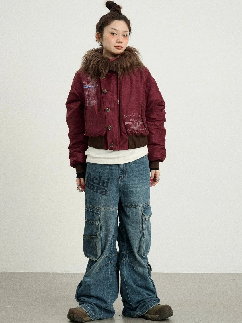 Achihara Revelation Inspired Short Puffer Coat With Fur Hood Padded Jacket