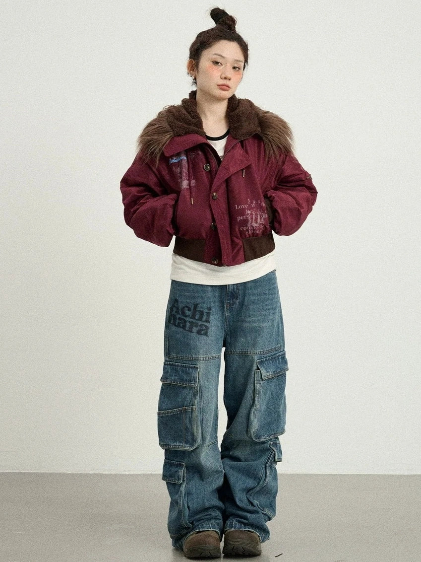 Achihara Revelation Inspired Short Puffer Coat With Fur Hood Padded Jacket