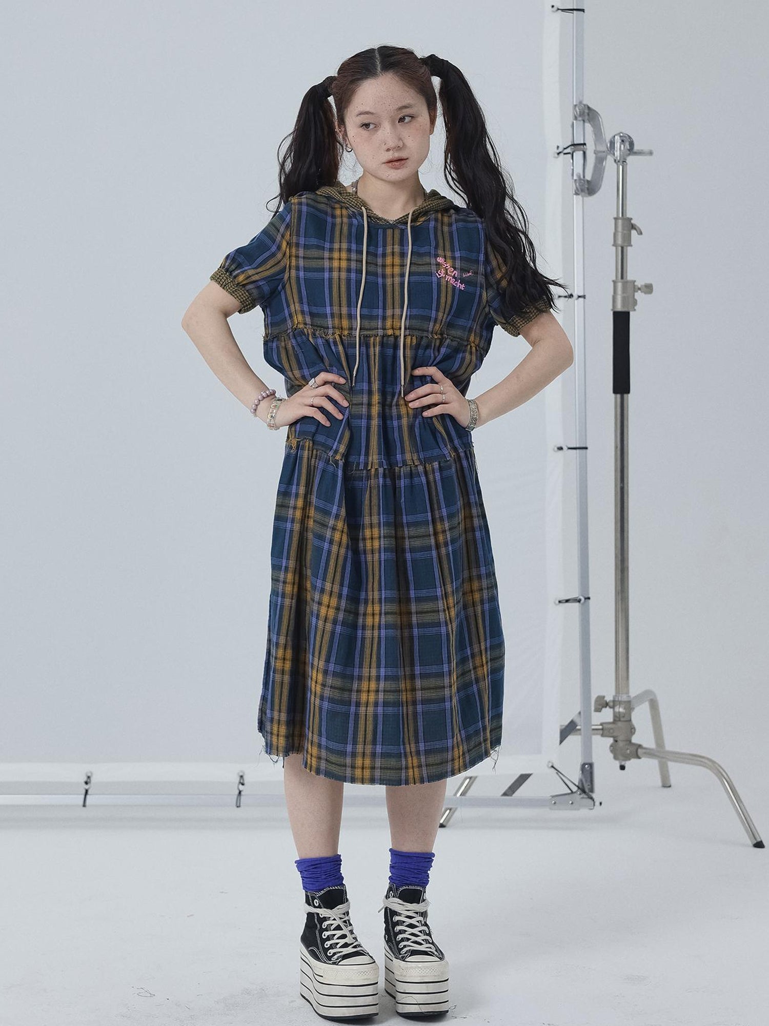 Achihara Reversible Plaid Trim Vintage A Line Dress For Summer Fall