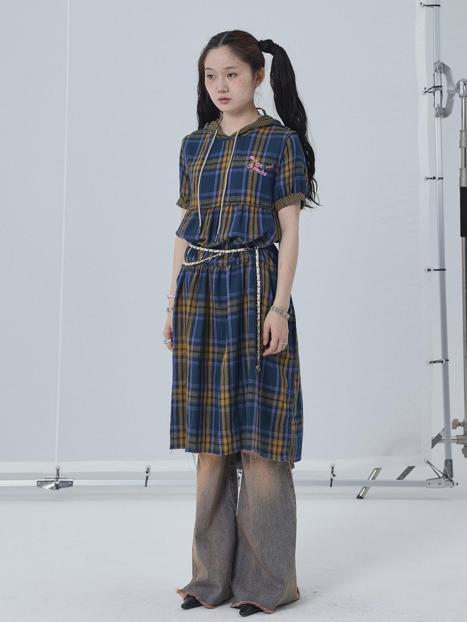 Achihara Reversible Plaid Trim Vintage A Line Dress For Summer Fall
