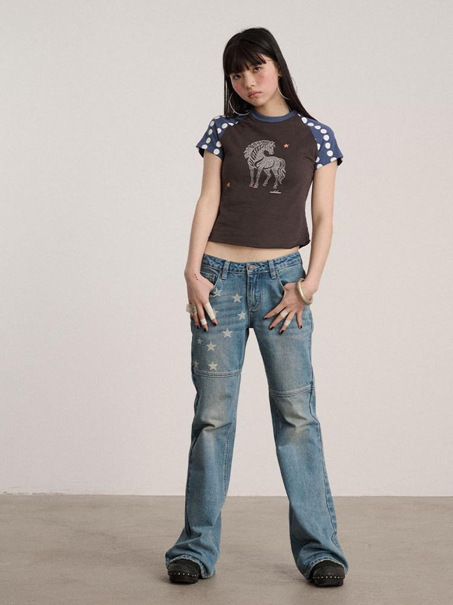 Achihara Rhinestone Slim Fit Office Polka Dot Women Cotton Blend Short Sleeve T-Shirts