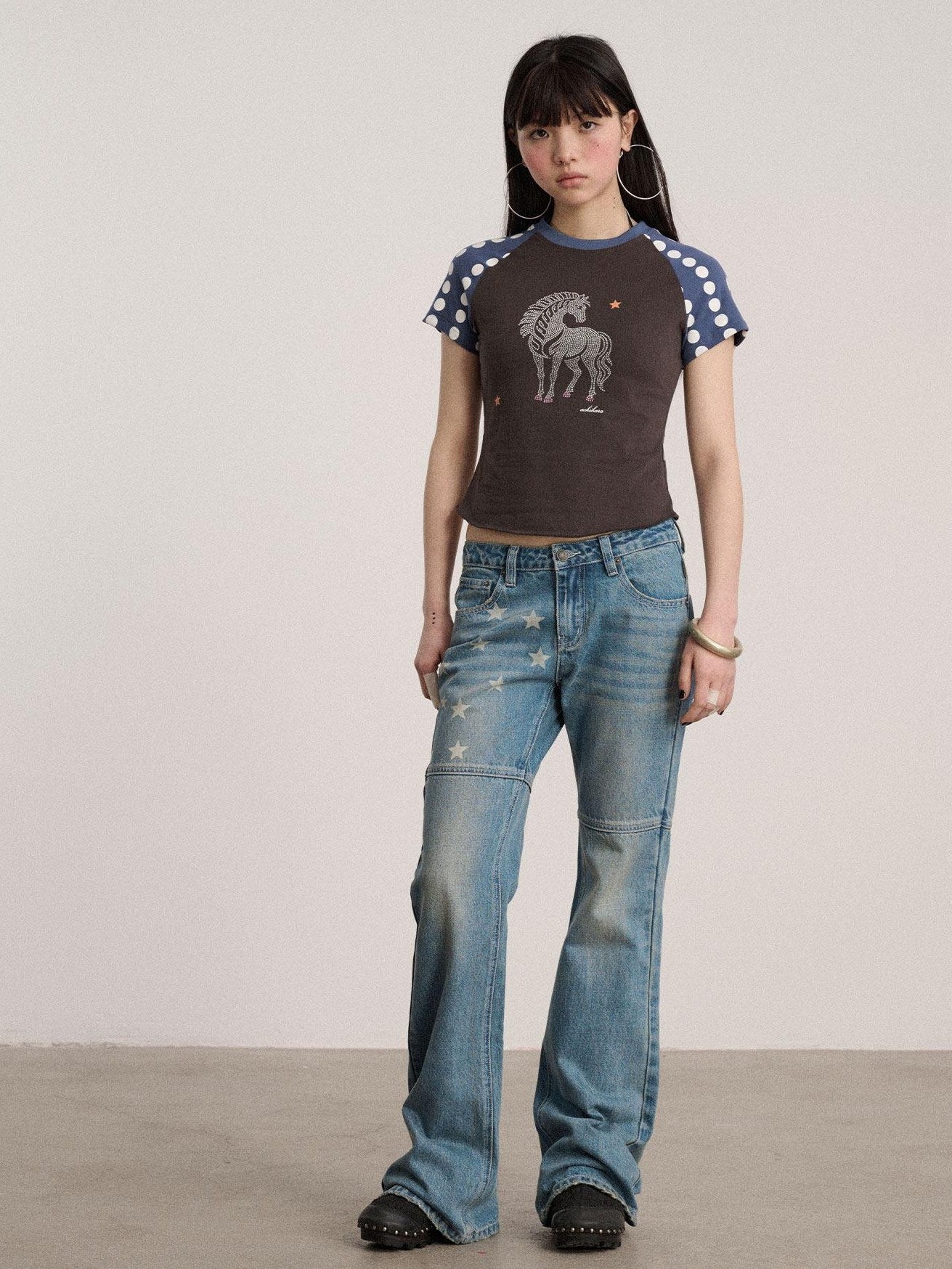Achihara Rhinestone Slim Fit Office Polka Dot Women Cotton Blend Short Sleeve T-Shirts