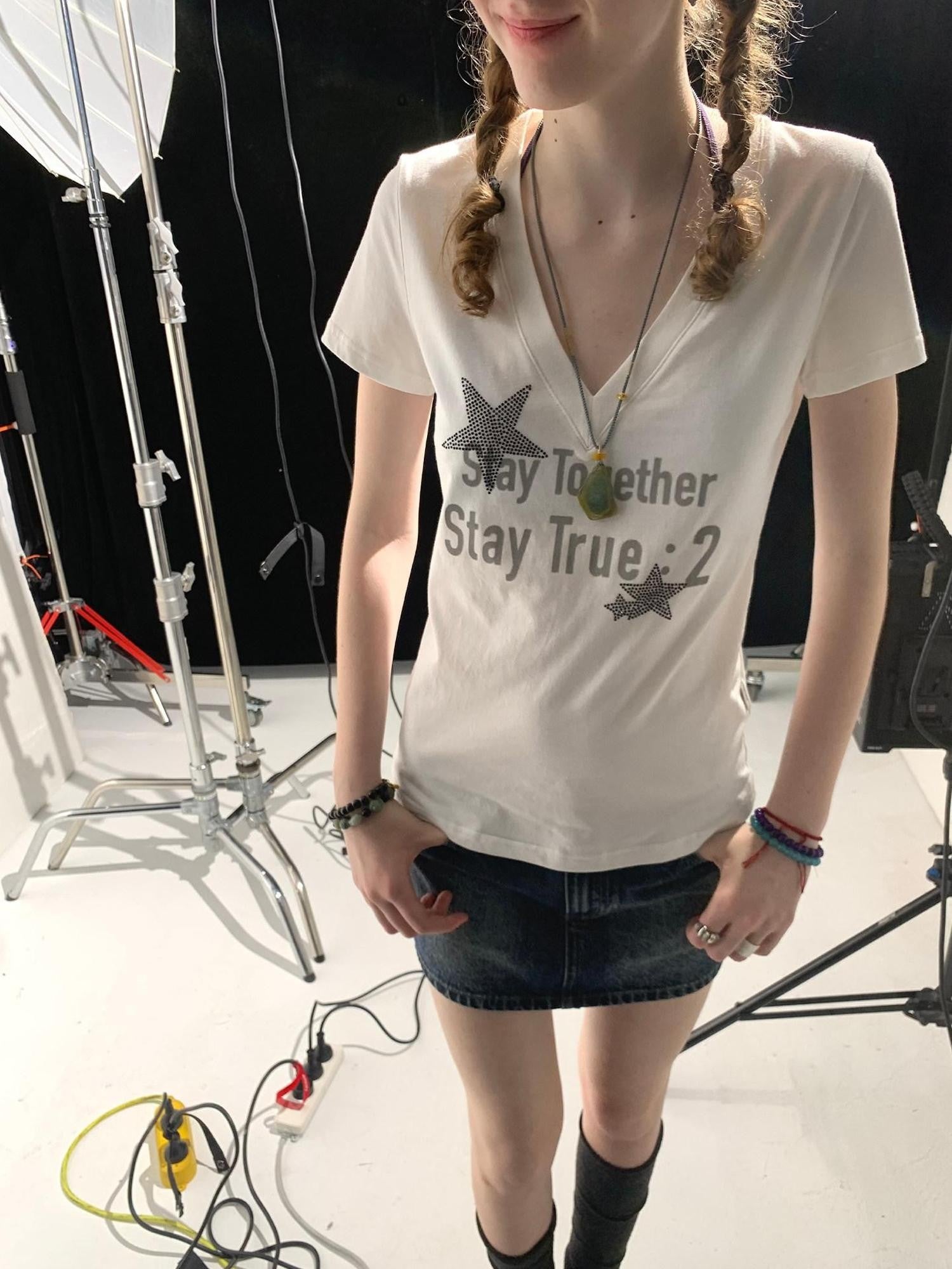 Achihara Rhinestone Star Letter V-neck Cropped Slim Women&