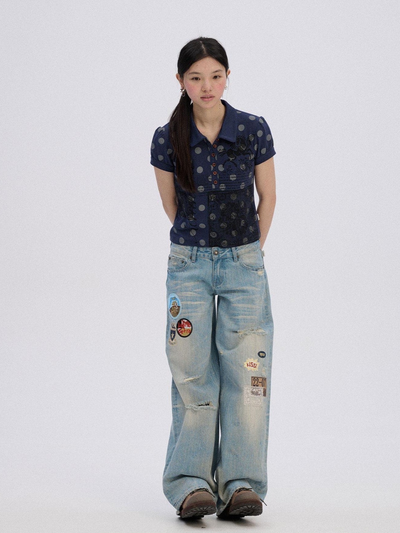 Achihara Ripped Natural Waist Button Fly Women Washed Blue Cotton Denim Wide-Leg Jeans