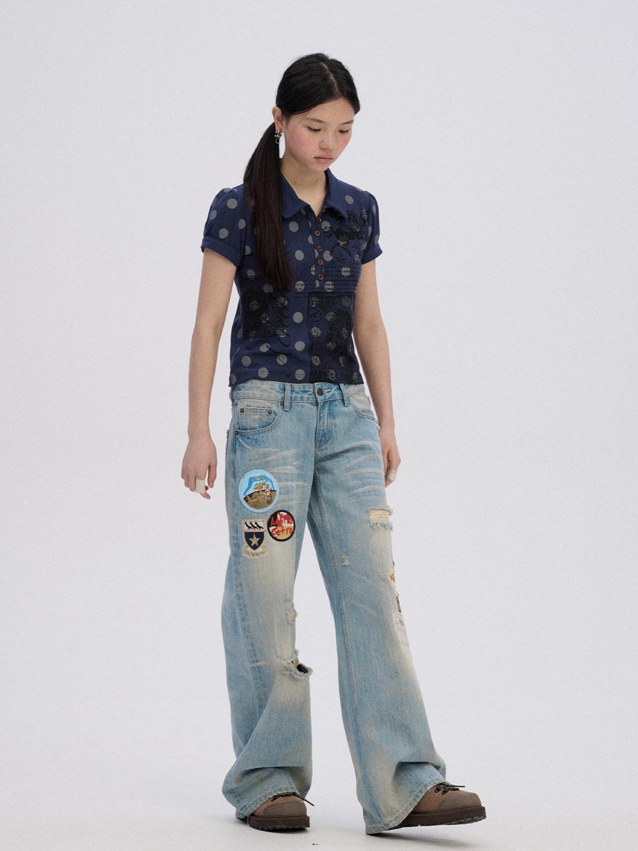 Achihara Ripped Natural Waist Button Fly Women Washed Blue Cotton Denim Wide-Leg Jeans