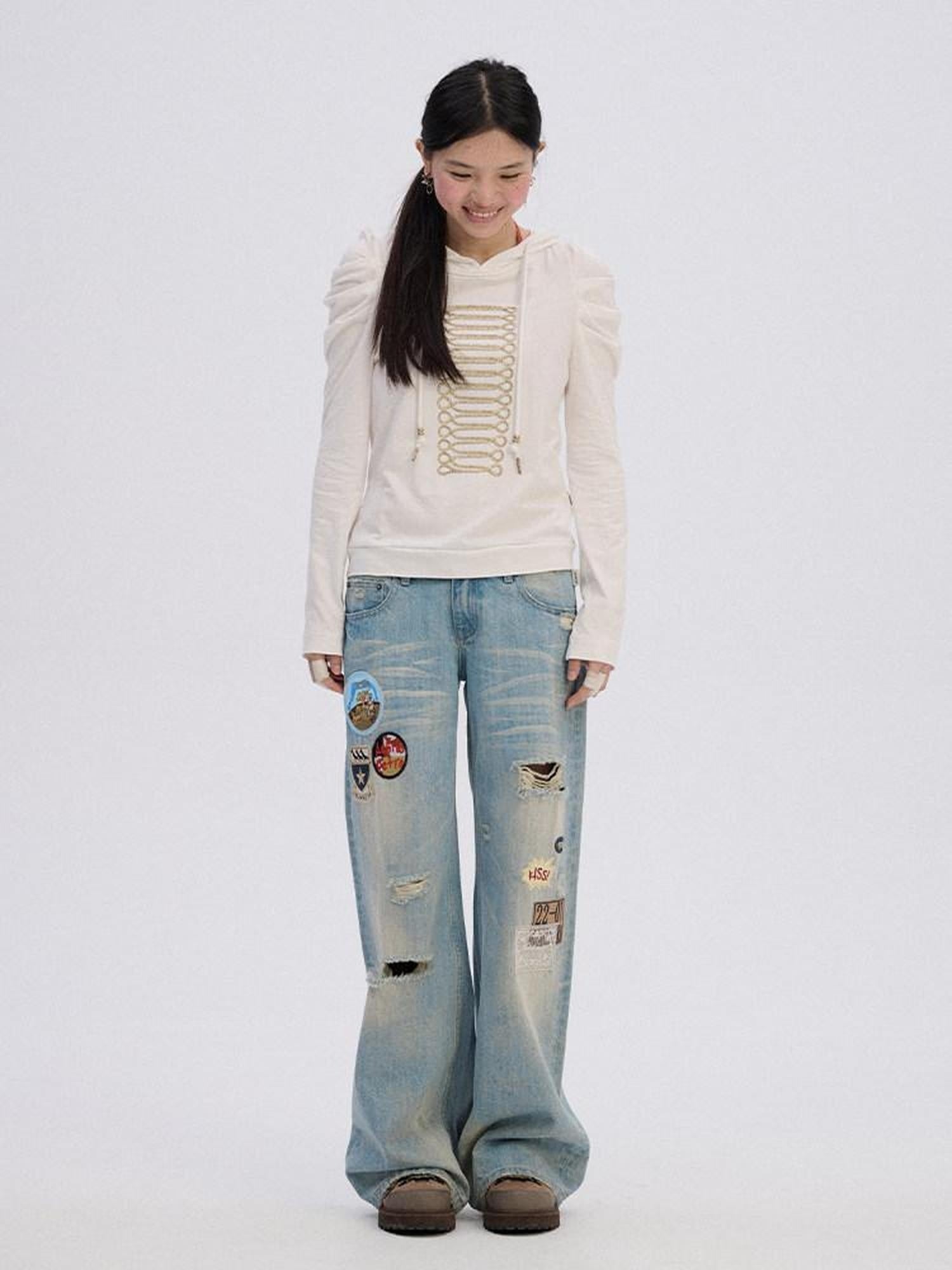 Achihara Ripped Natural Waist Button Fly Women Washed Blue Cotton Denim Wide-Leg Jeans