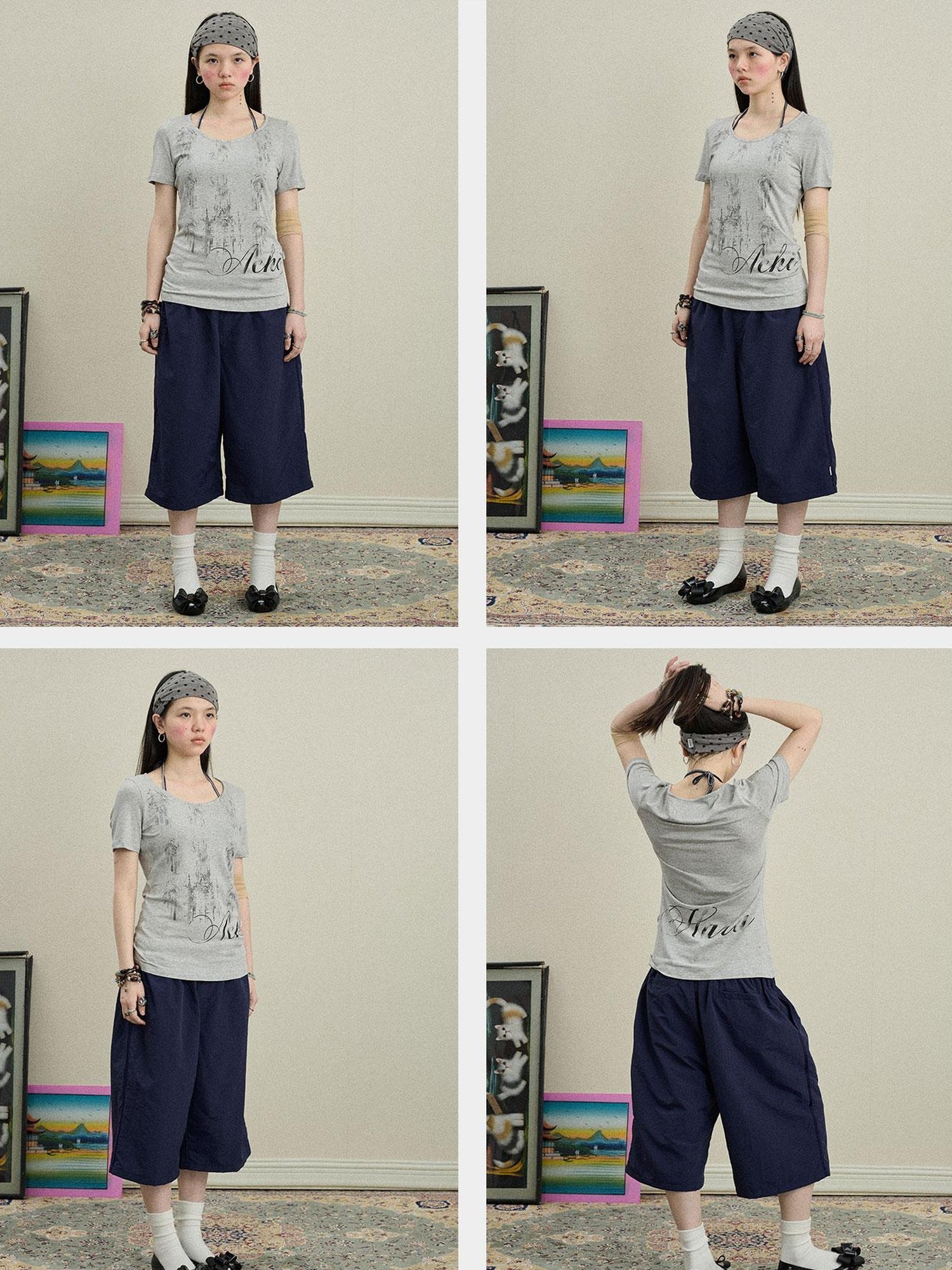 Achihara Romanesque Print Tee V-neck T-shirt Long-Sleeve