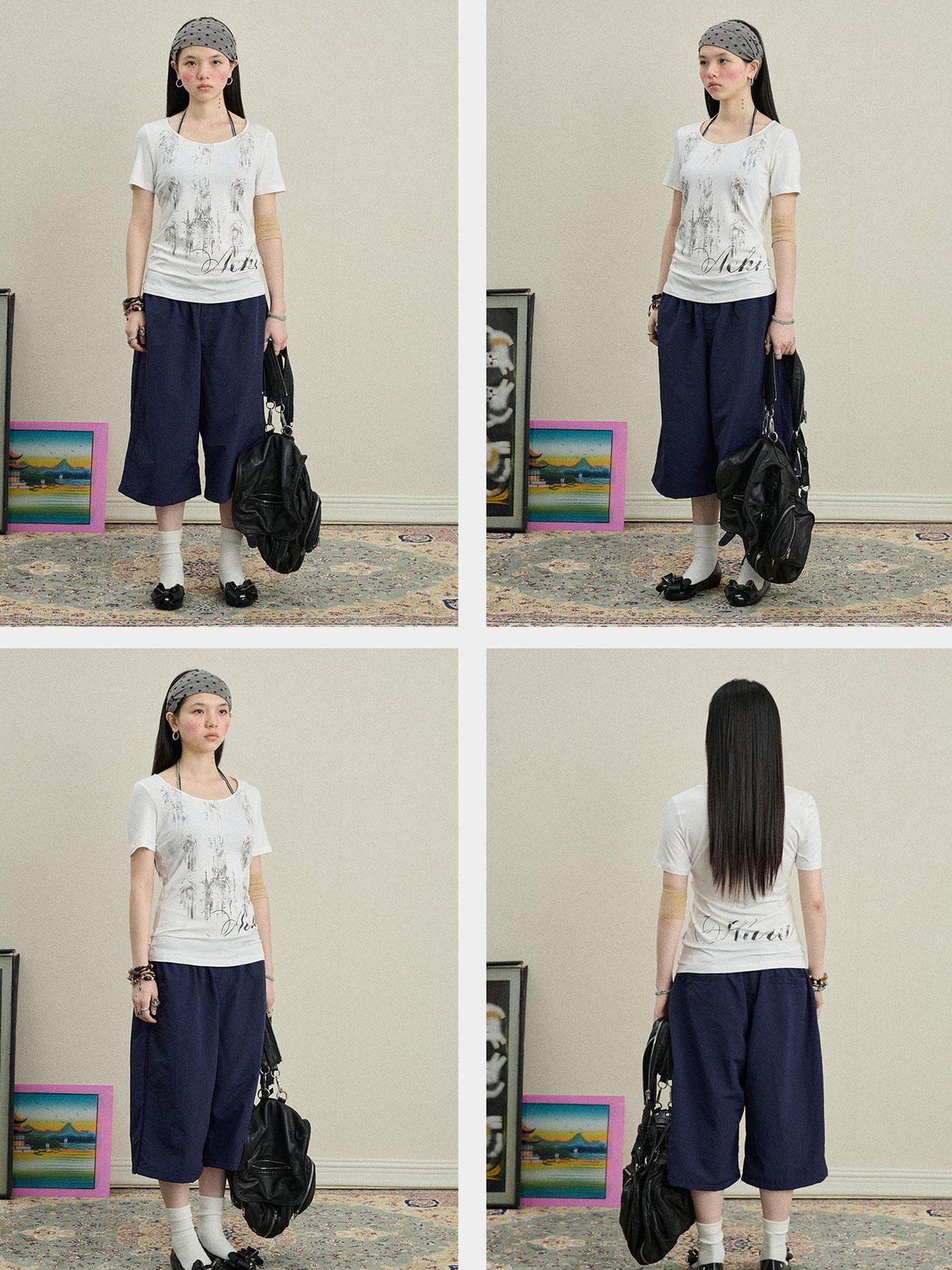 Achihara Romanesque Print Tee V-neck T-shirt Long-Sleeve