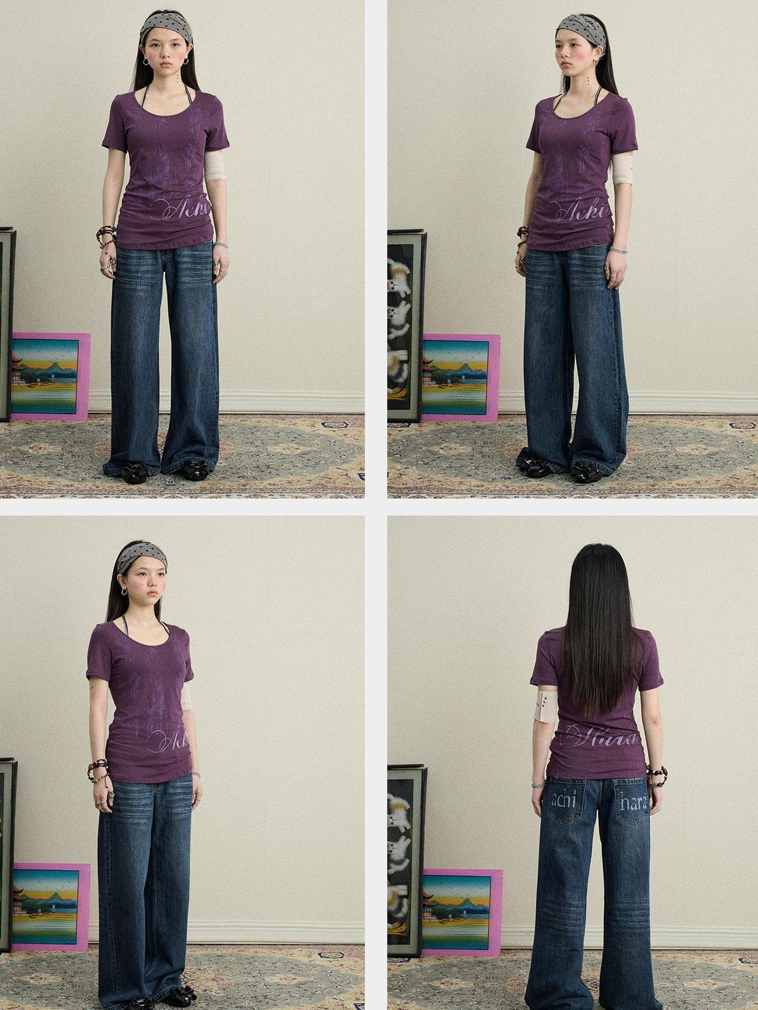 Achihara Romanesque Print Tee V-neck T-shirt Long-Sleeve