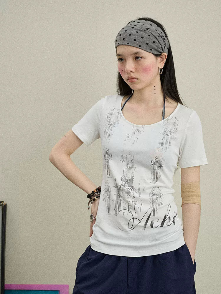 Achihara Romanesque Print Tee V-neck T-shirt Long-Sleeve-5