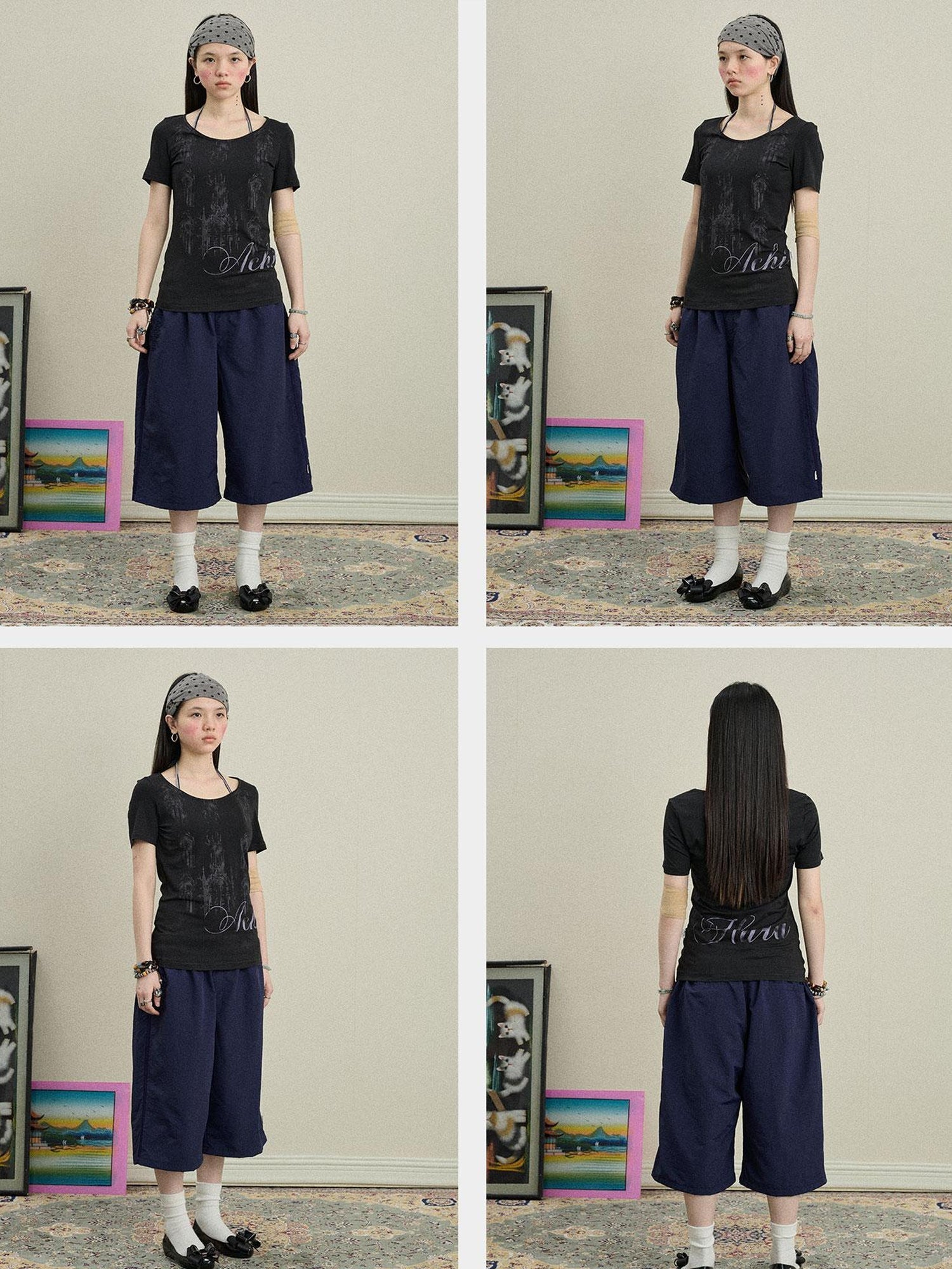 Achihara Romanesque Print Tee V-neck T-shirt Long-Sleeve