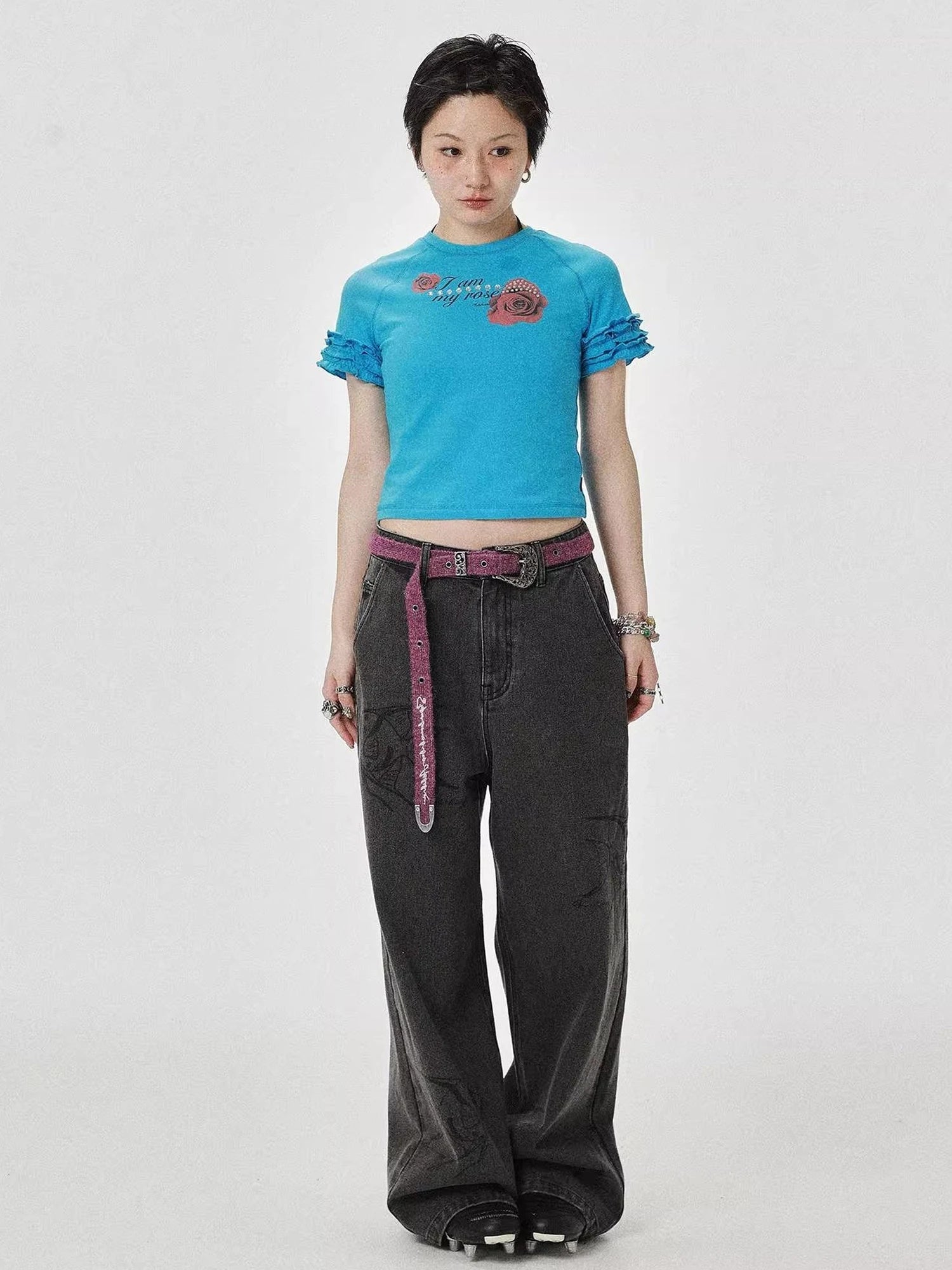 Roseprint Floral Sleeve Cropped Tee