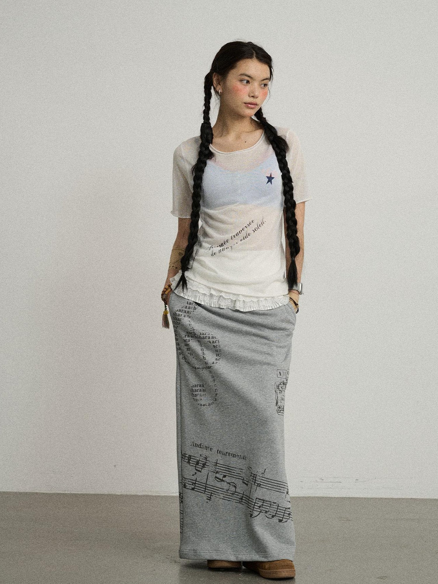 Achihara Sea Salt French Print Cropped Tee V-Neck T-Shirt Long-Sleeve
