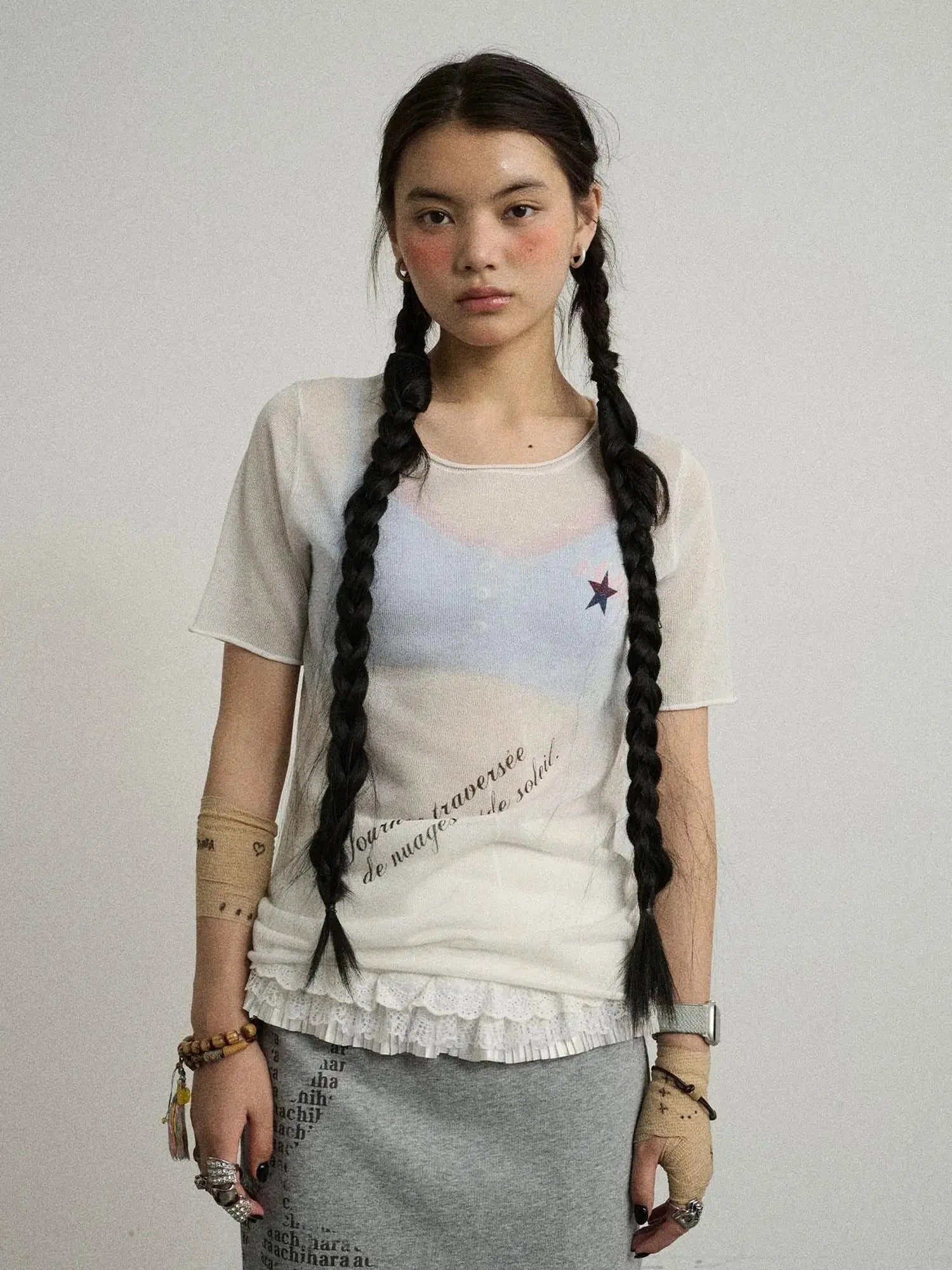 Sea Salt French Print Cropped Tee V-Neck T-Shirt Long-Sleeve