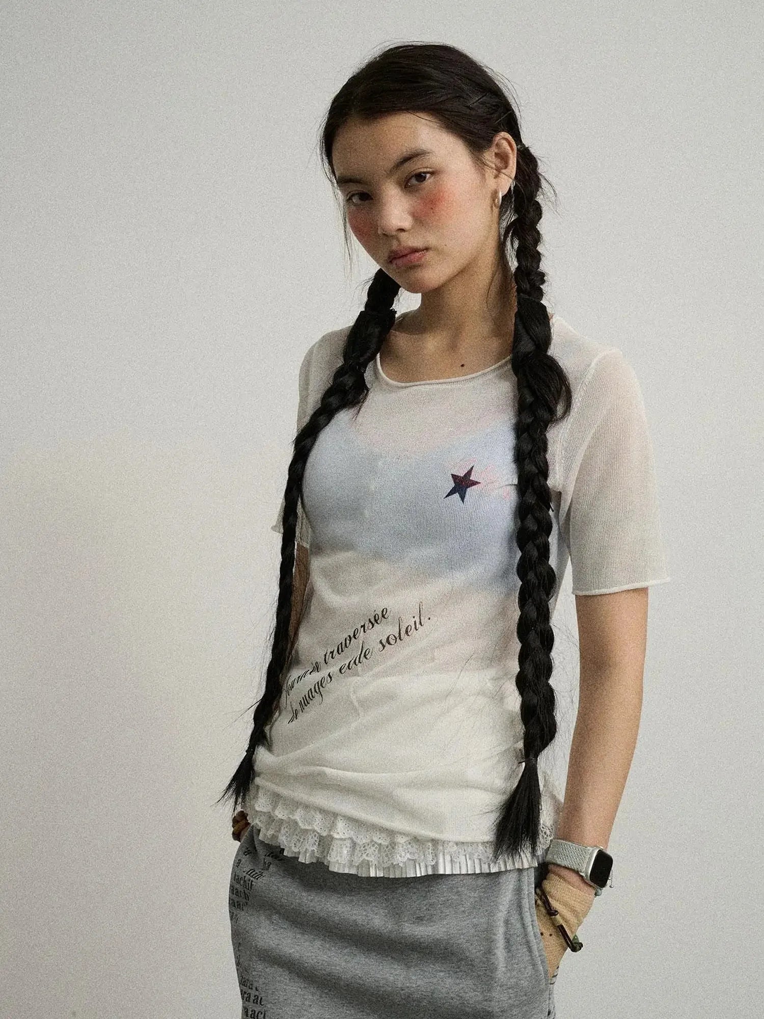 Sea Salt French Print Cropped Tee V-Neck T-Shirt Long-Sleeve