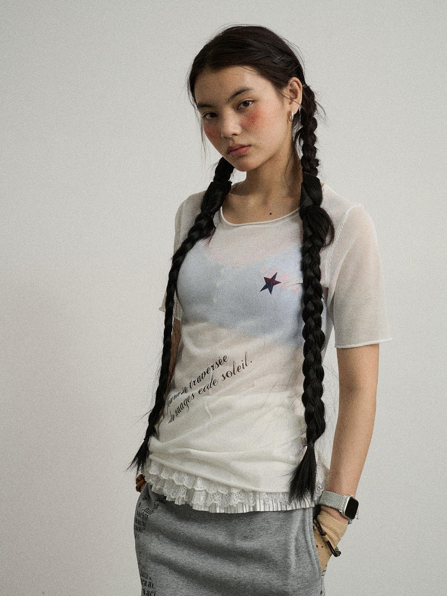 Achihara Sea Salt French Print Cropped Tee V-Neck T-Shirt Long-Sleeve