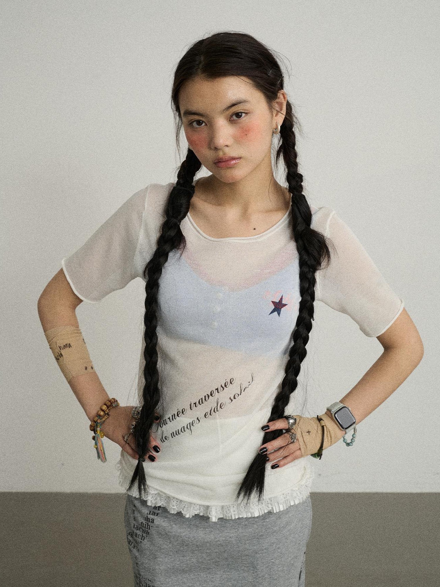 Achihara Sea Salt French Print Cropped Tee V-Neck T-Shirt Long-Sleeve