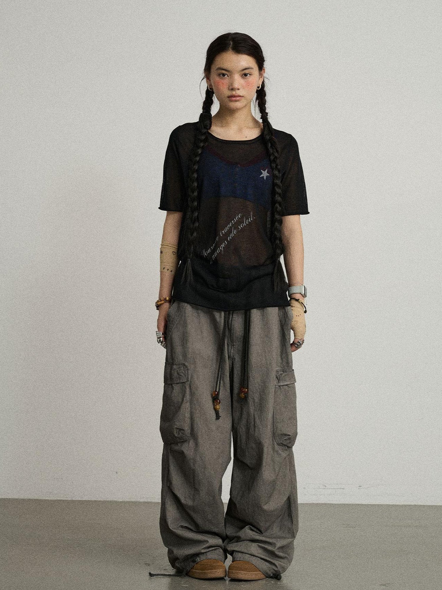 Achihara Sea Salt French Print Cropped Tee V-Neck T-Shirt Long-Sleeve