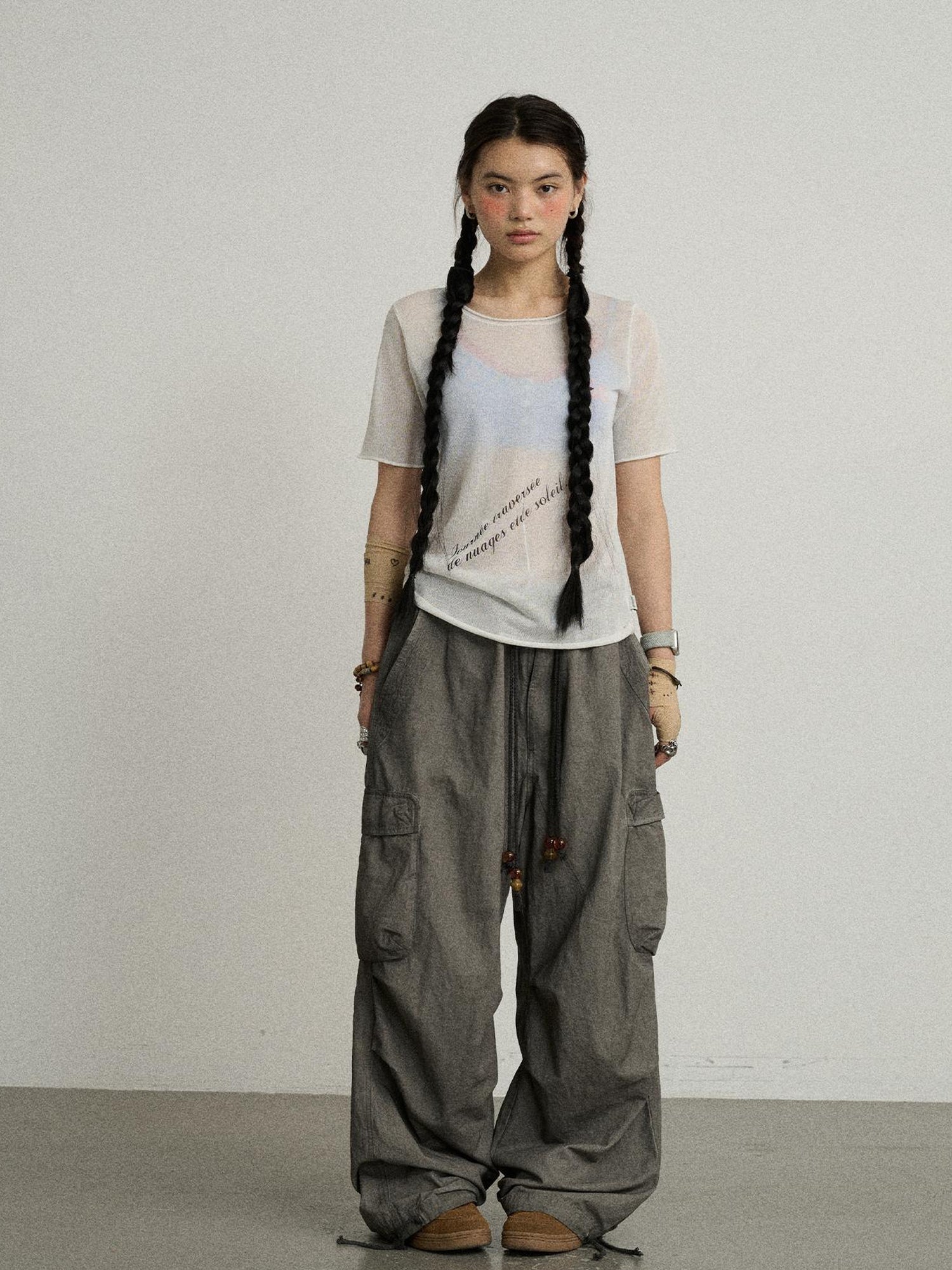 Achihara Sea Salt French Print Cropped Tee V-Neck T-Shirt Long-Sleeve
