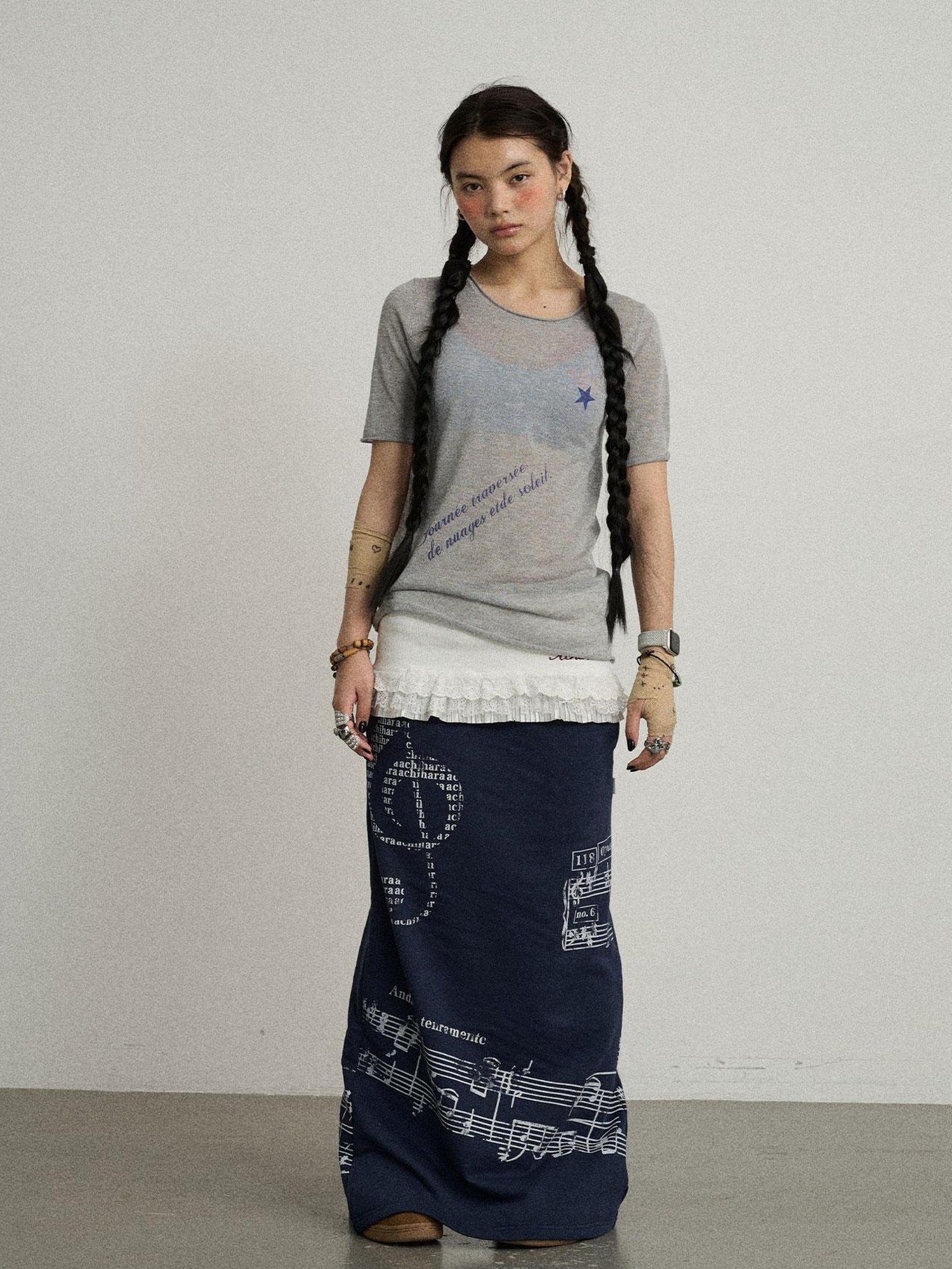Achihara Sea Salt French Print Cropped Tee V-Neck T-Shirt Long-Sleeve