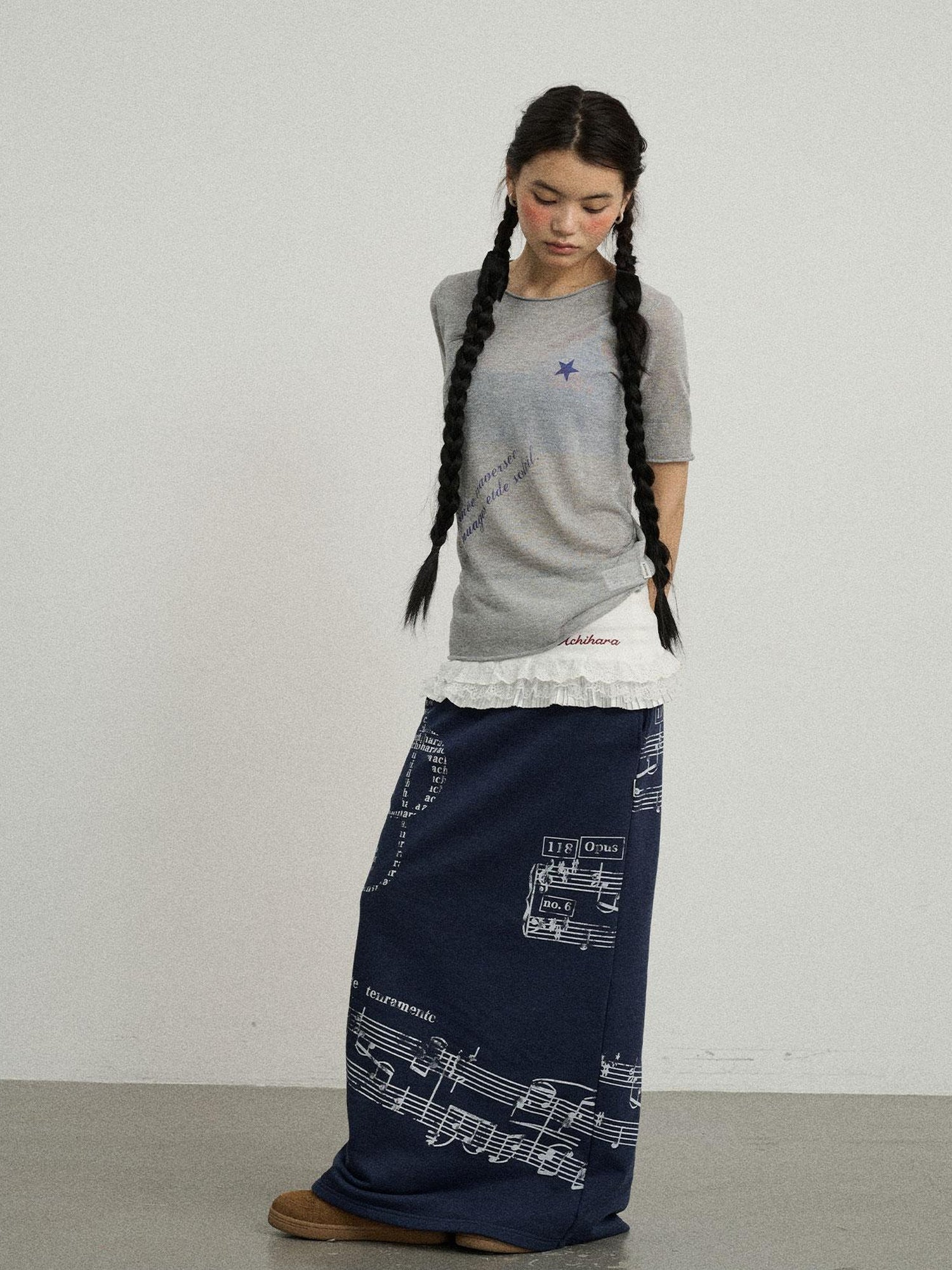 Achihara Sea Salt French Print Cropped Tee V-Neck T-Shirt Long-Sleeve