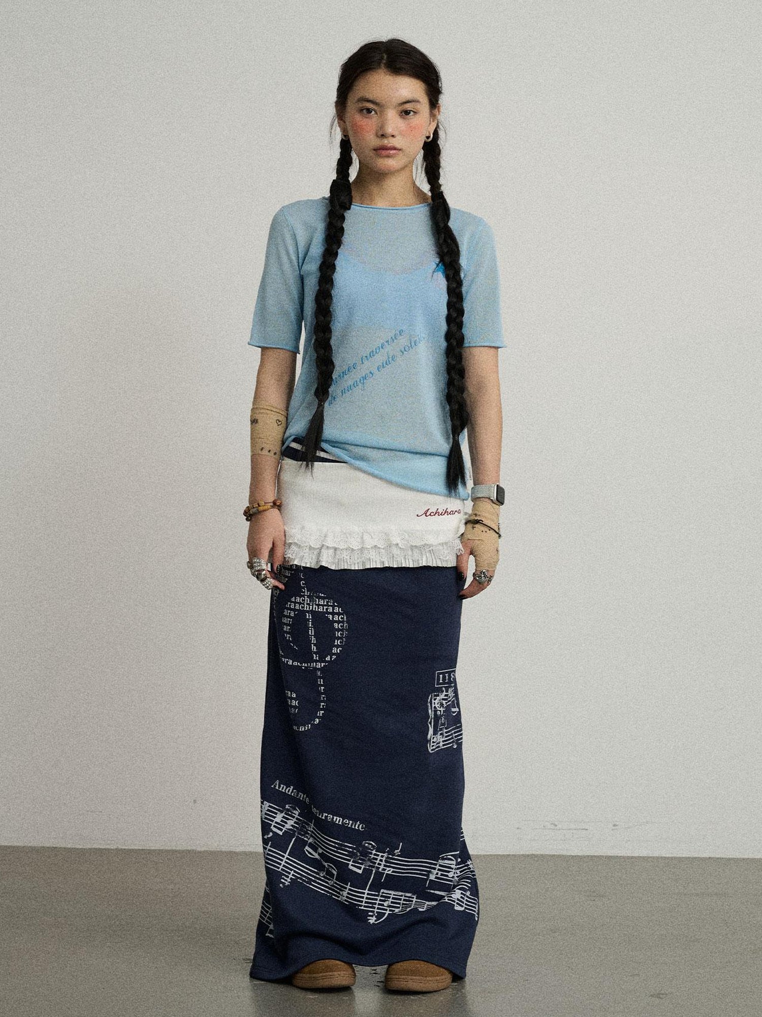 Achihara Sea Salt French Print Cropped Tee V-Neck T-Shirt Long-Sleeve