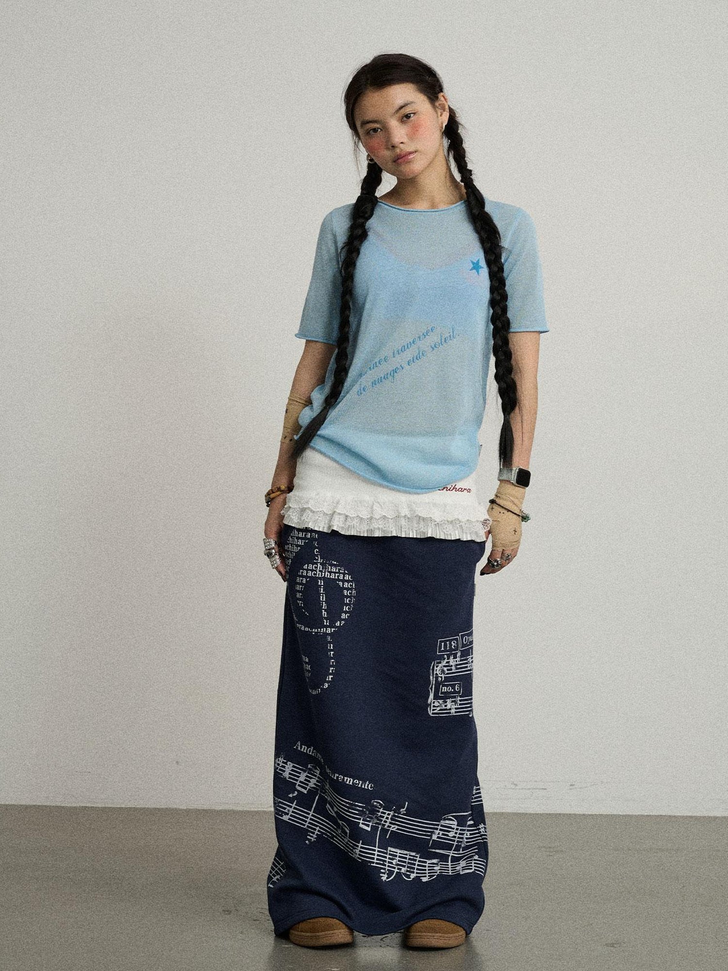 Achihara Sea Salt French Print Cropped Tee V-Neck T-Shirt Long-Sleeve