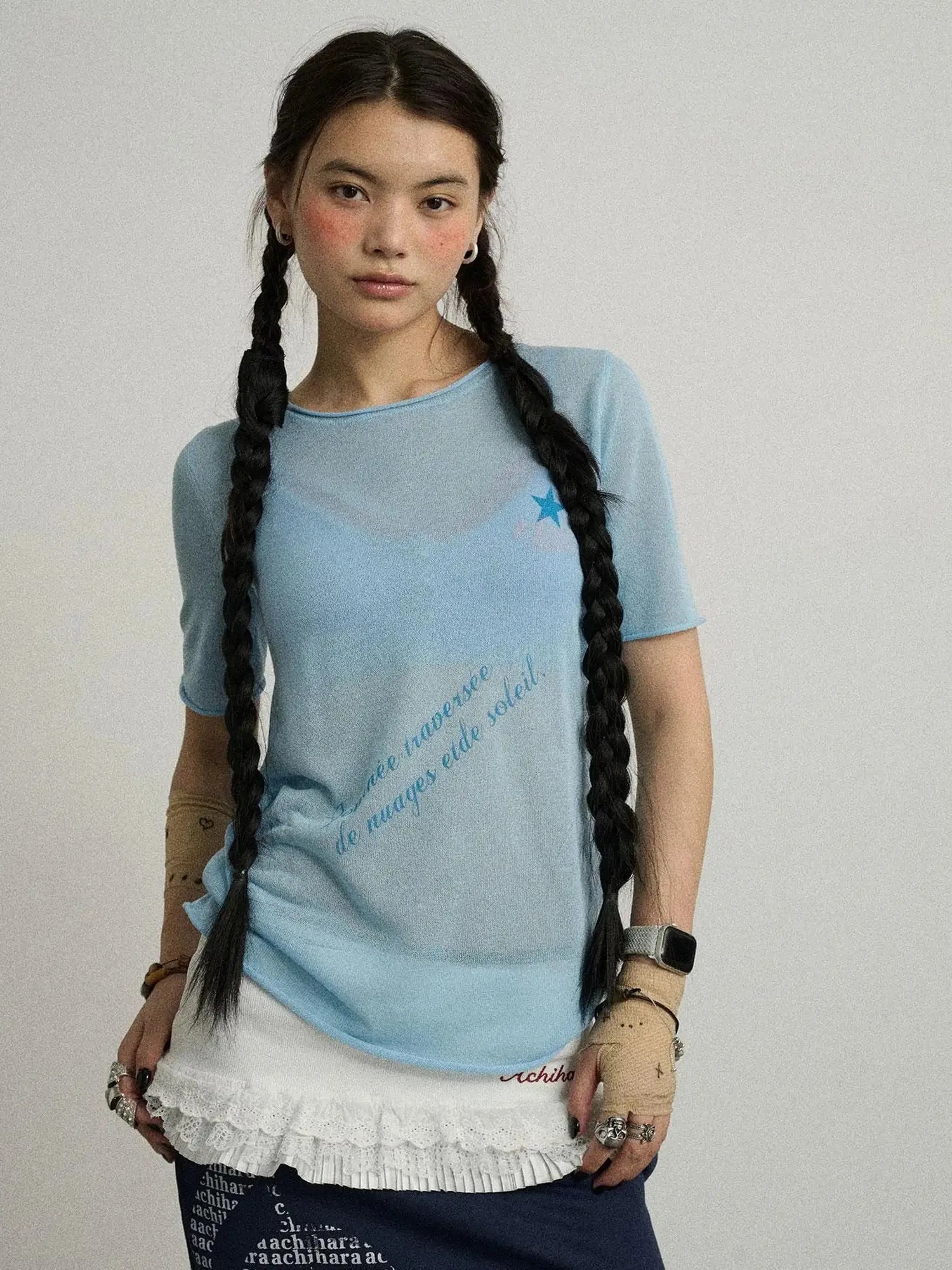 Sea Salt French Print Cropped Tee V-Neck T-Shirt Long-Sleeve