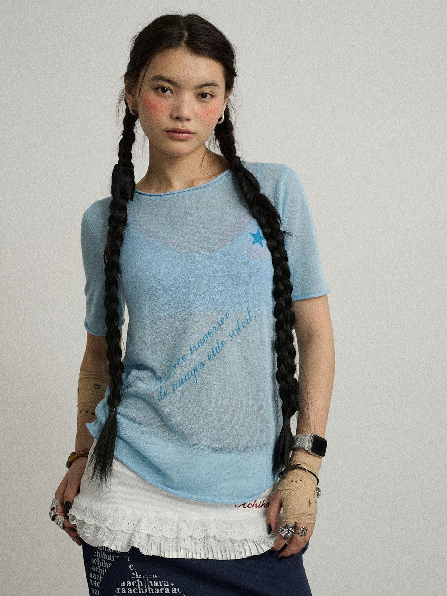 Achihara Sea Salt French Print Cropped Tee V-Neck T-Shirt Long-Sleeve