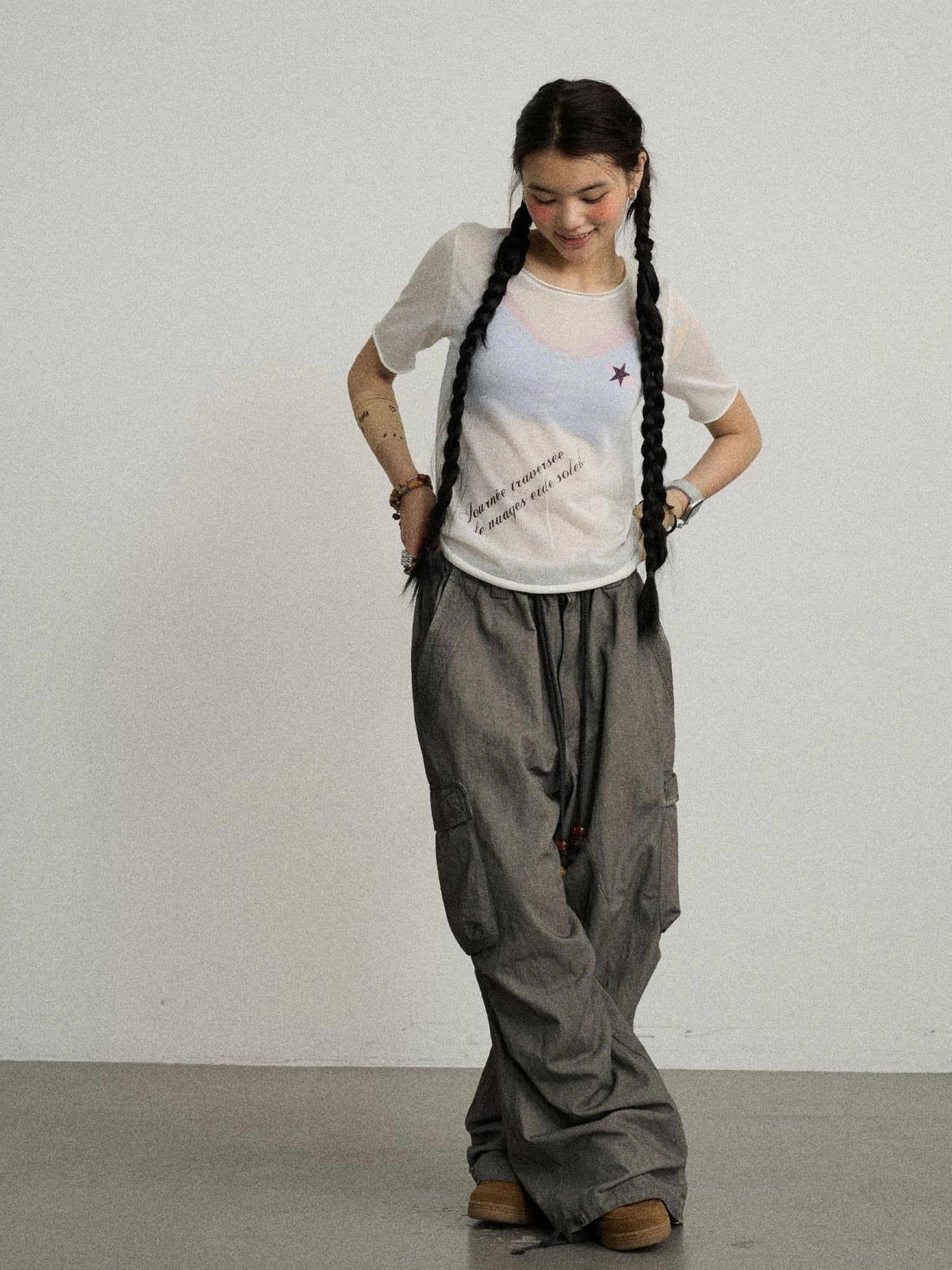 Achihara Sea Salt French Print Cropped Tee V-Neck T-Shirt Long-Sleeve