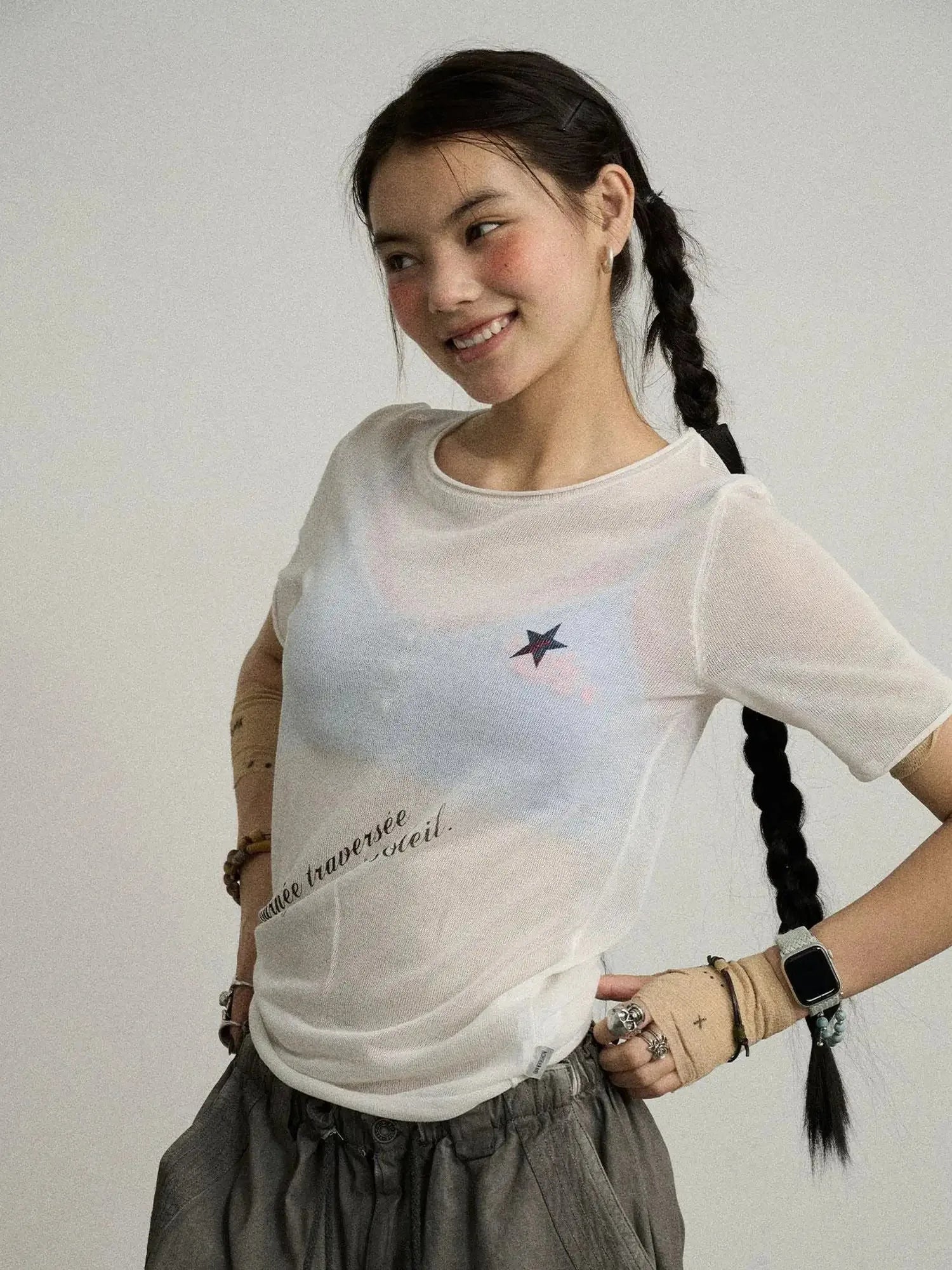 Sea Salt French Print Cropped Tee V-Neck T-Shirt Long-Sleeve