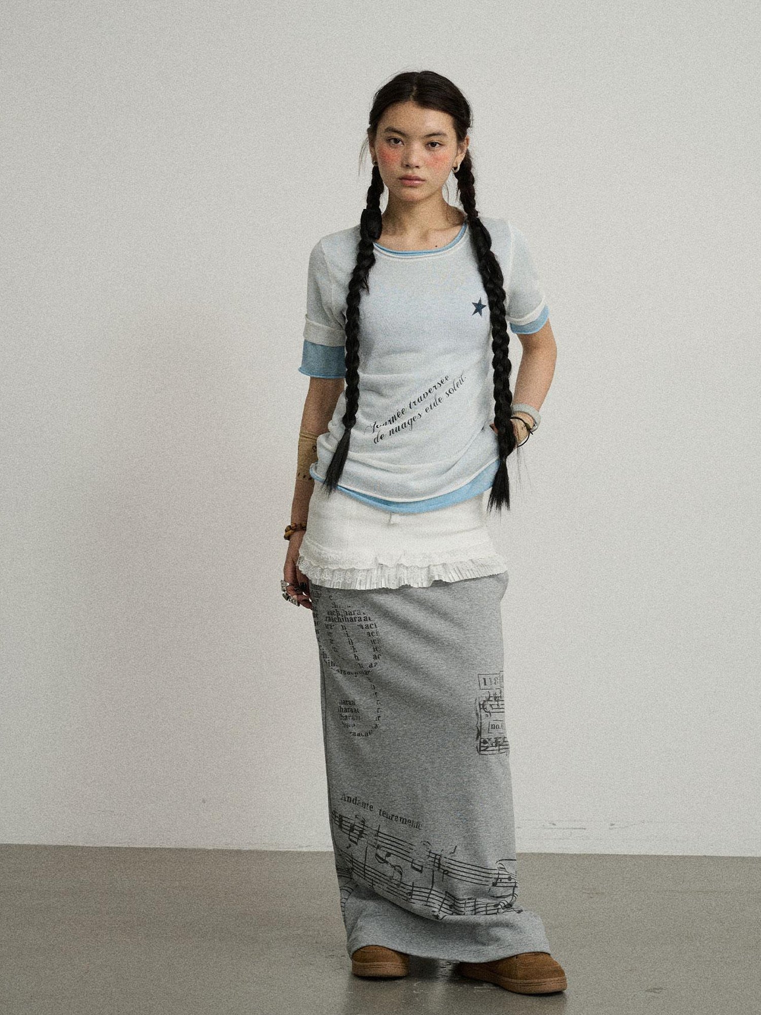 Achihara Sea Salt French Print Cropped Tee V-Neck T-Shirt Long-Sleeve