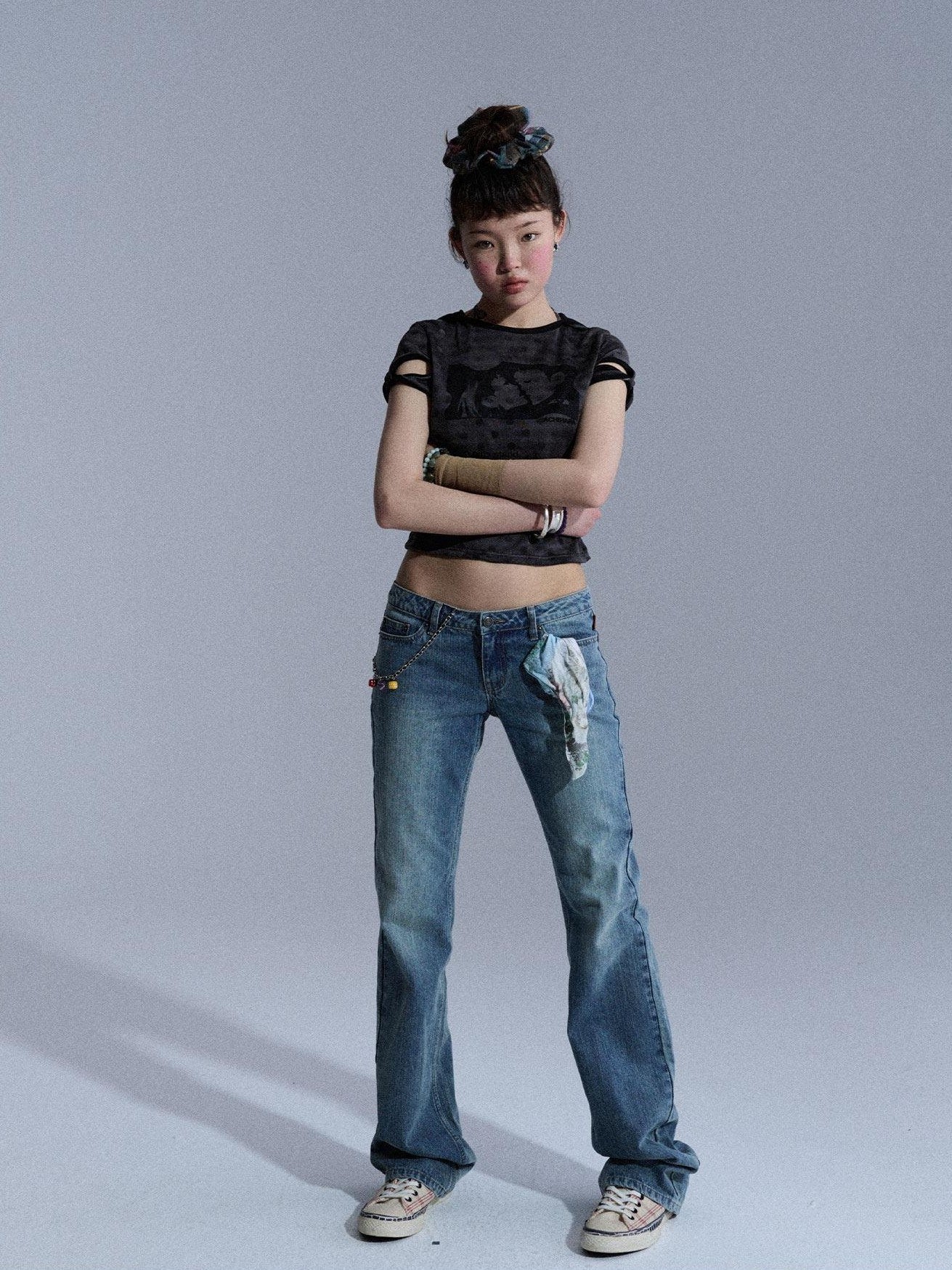 Achihara Seagull Motif Washed Embroidered Straight Women&