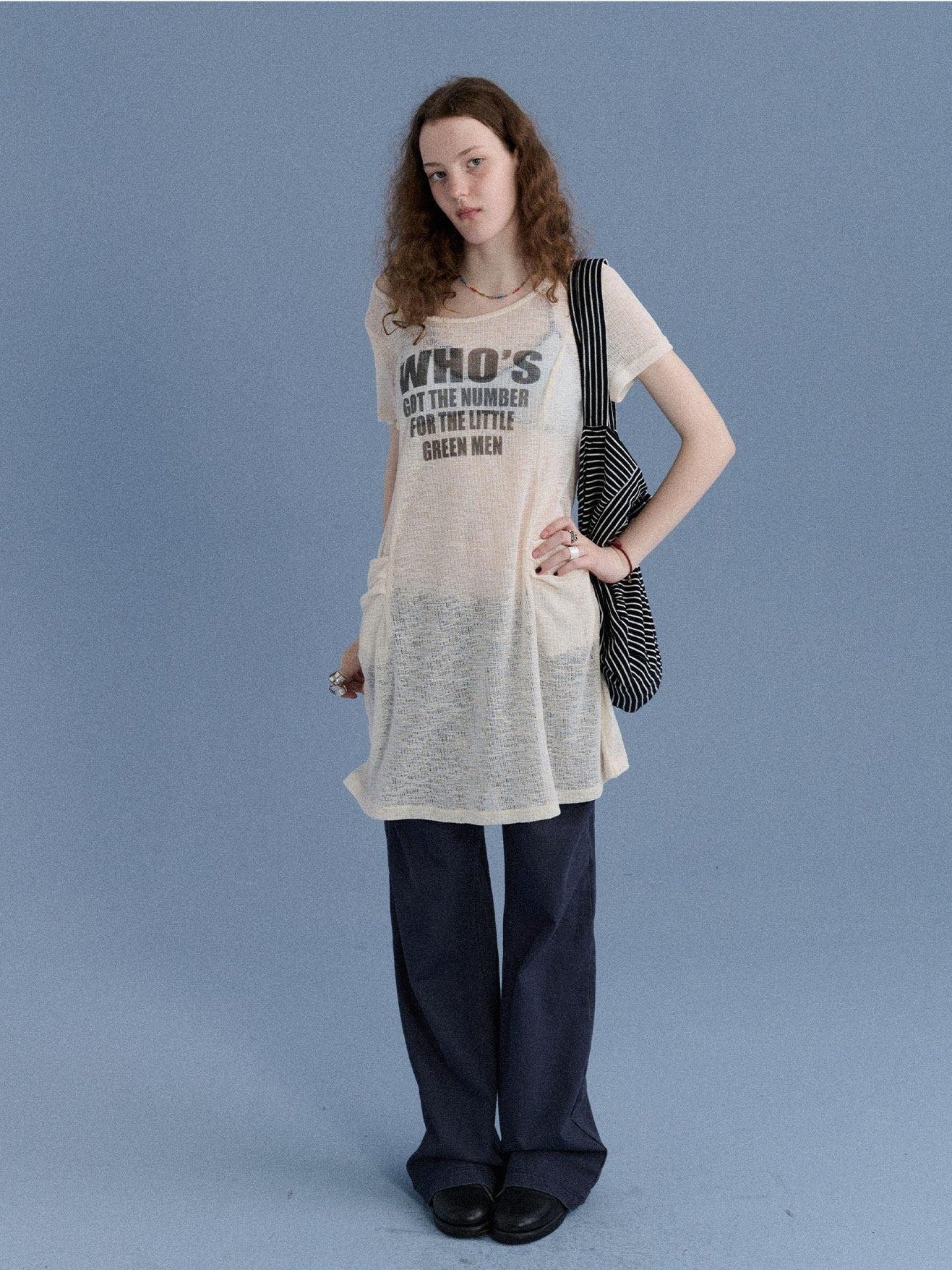 Achihara Semi Sheer Letter Print Crew Neck Women&