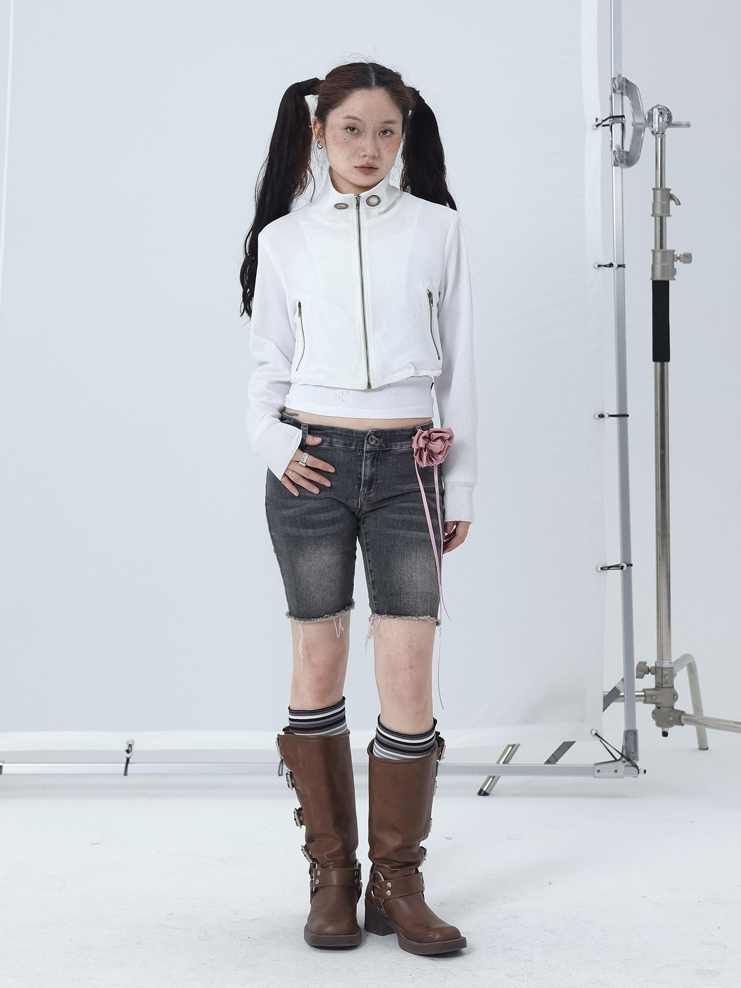Achihara Sheer Mesh Long Sleeve Crop Sun Jacket