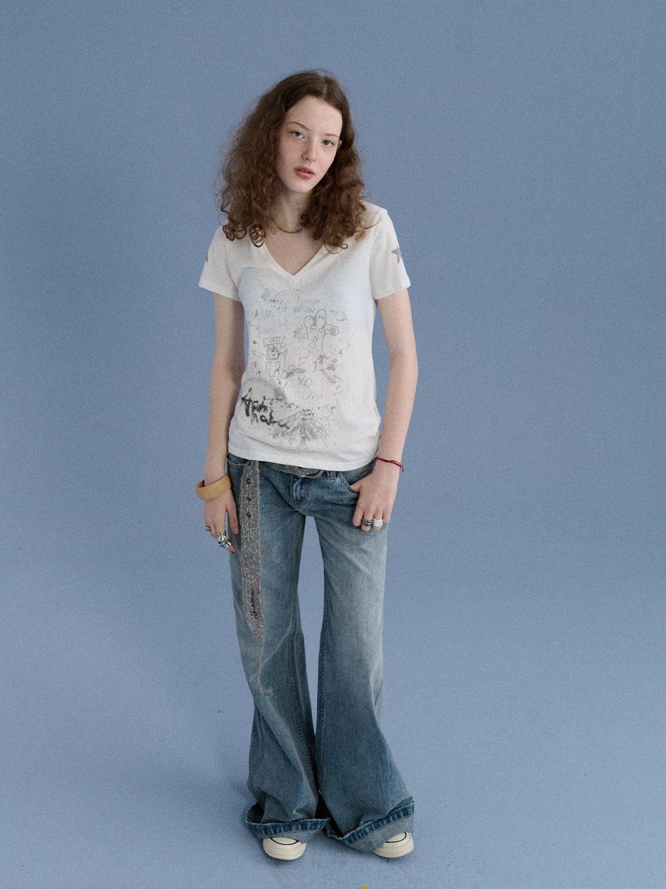 Achihara Sheer V-neck Graffiti Letter Print Women&