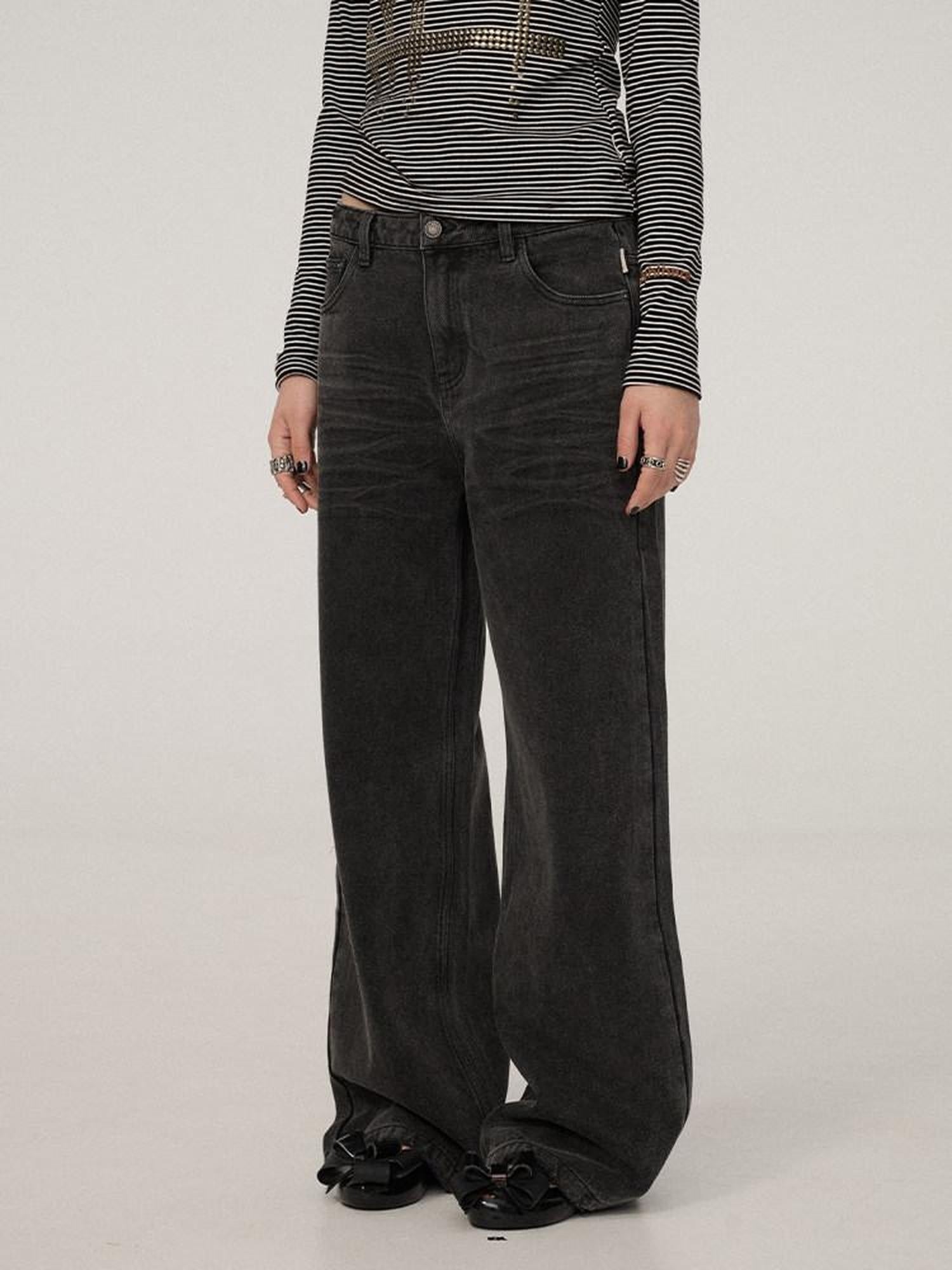 Achihara Smart Commuter Straight Leg Natural Waist Button Fly Denim Black Grey Pants
