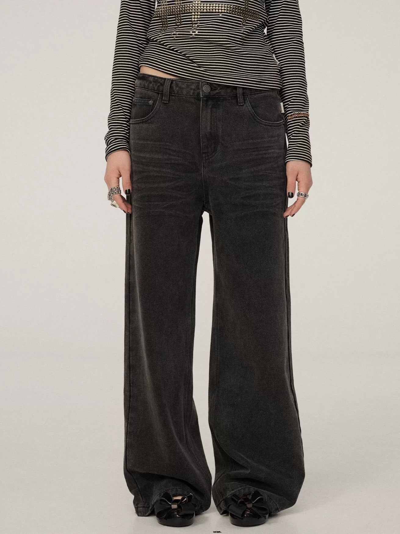 Achihara Smart Commuter Straight Leg Natural Waist Button Fly Denim Black Grey Pants