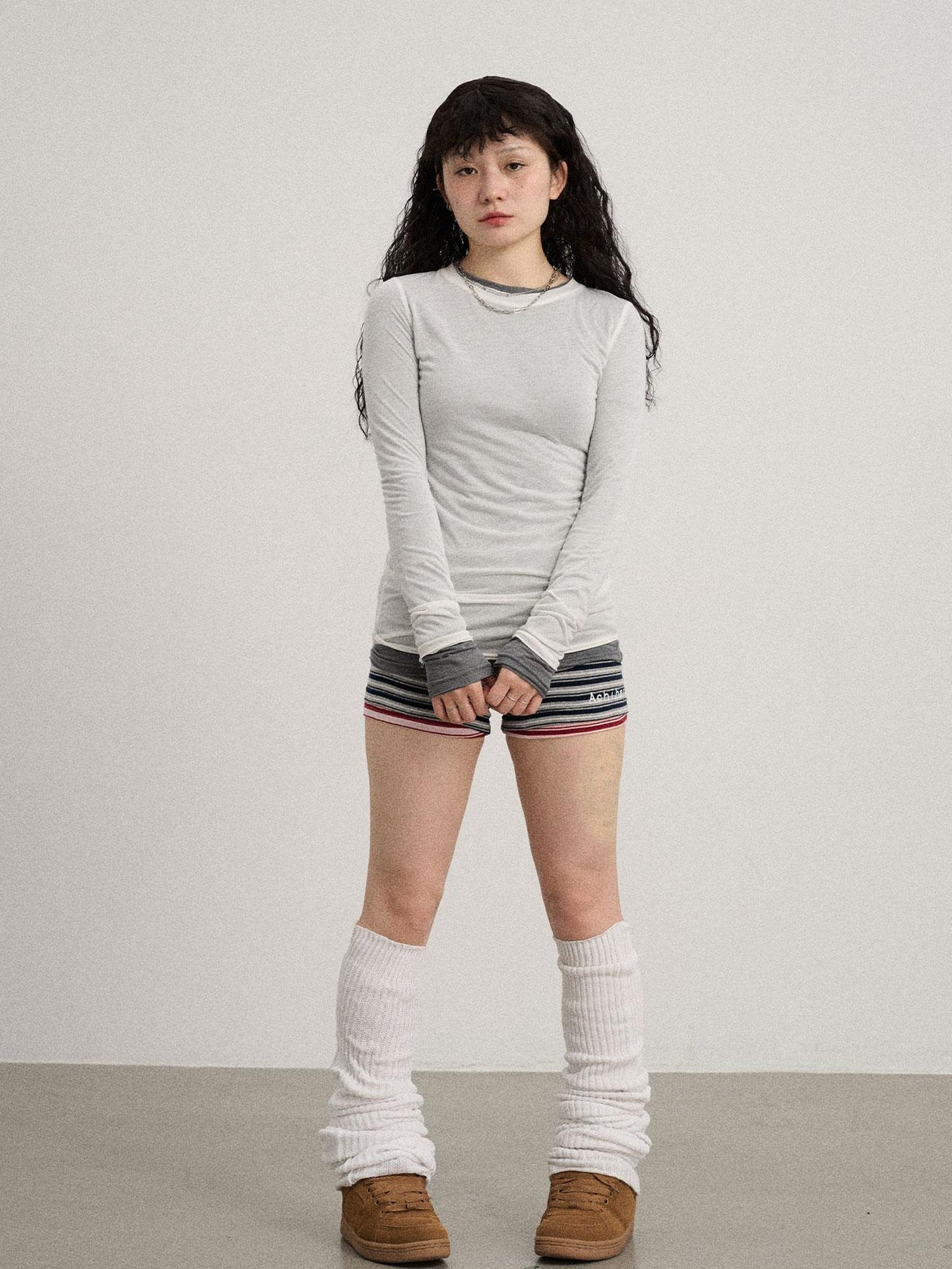 Achihara Smoothie Ice Knit Tee V Neck T Shirt Long Sleeve
